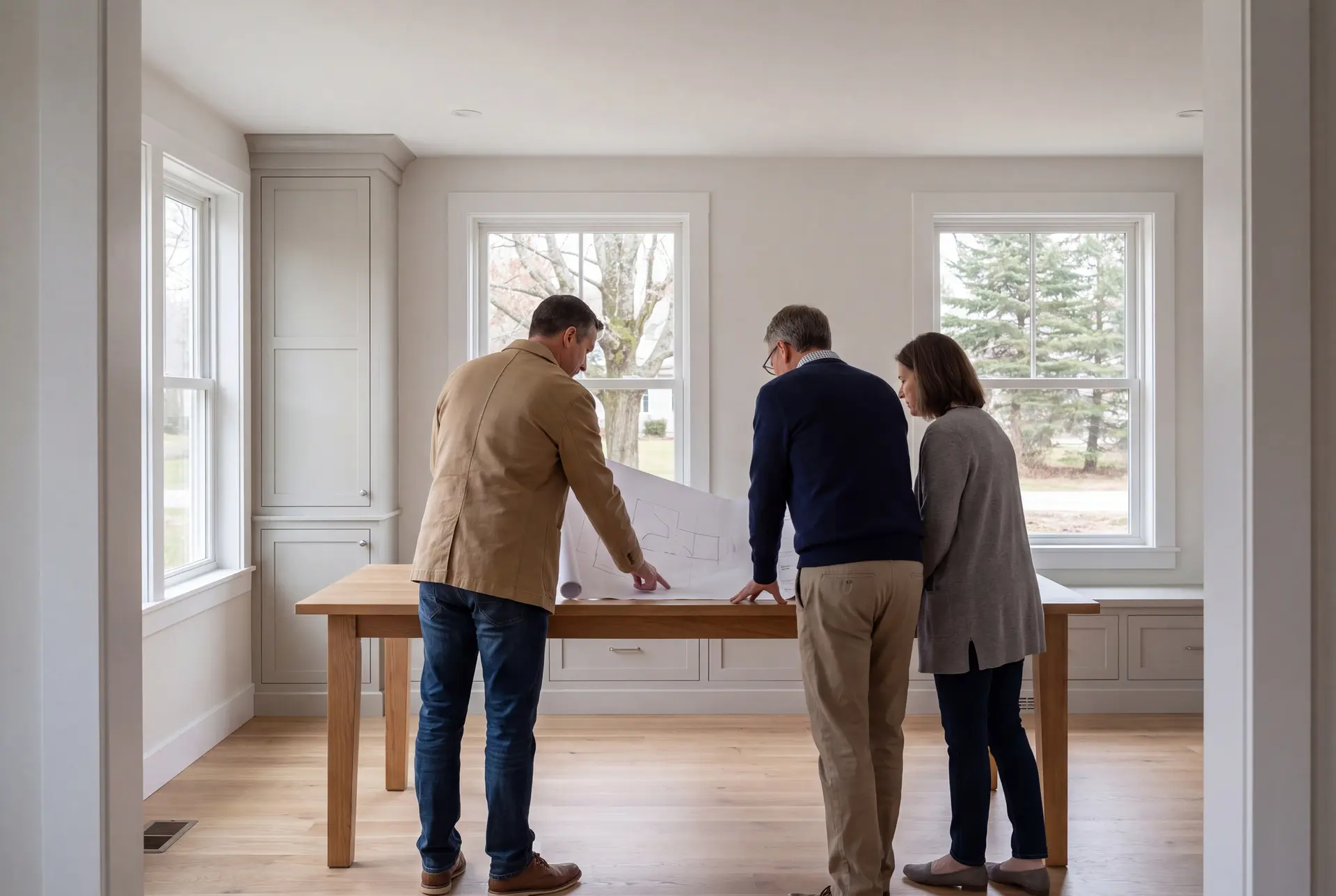 Illustration: Three people, a builder and two homeowners, review blueprints on an oak table in a finished living room with light gray cabinetry, white-trimmed windows, and oak floors