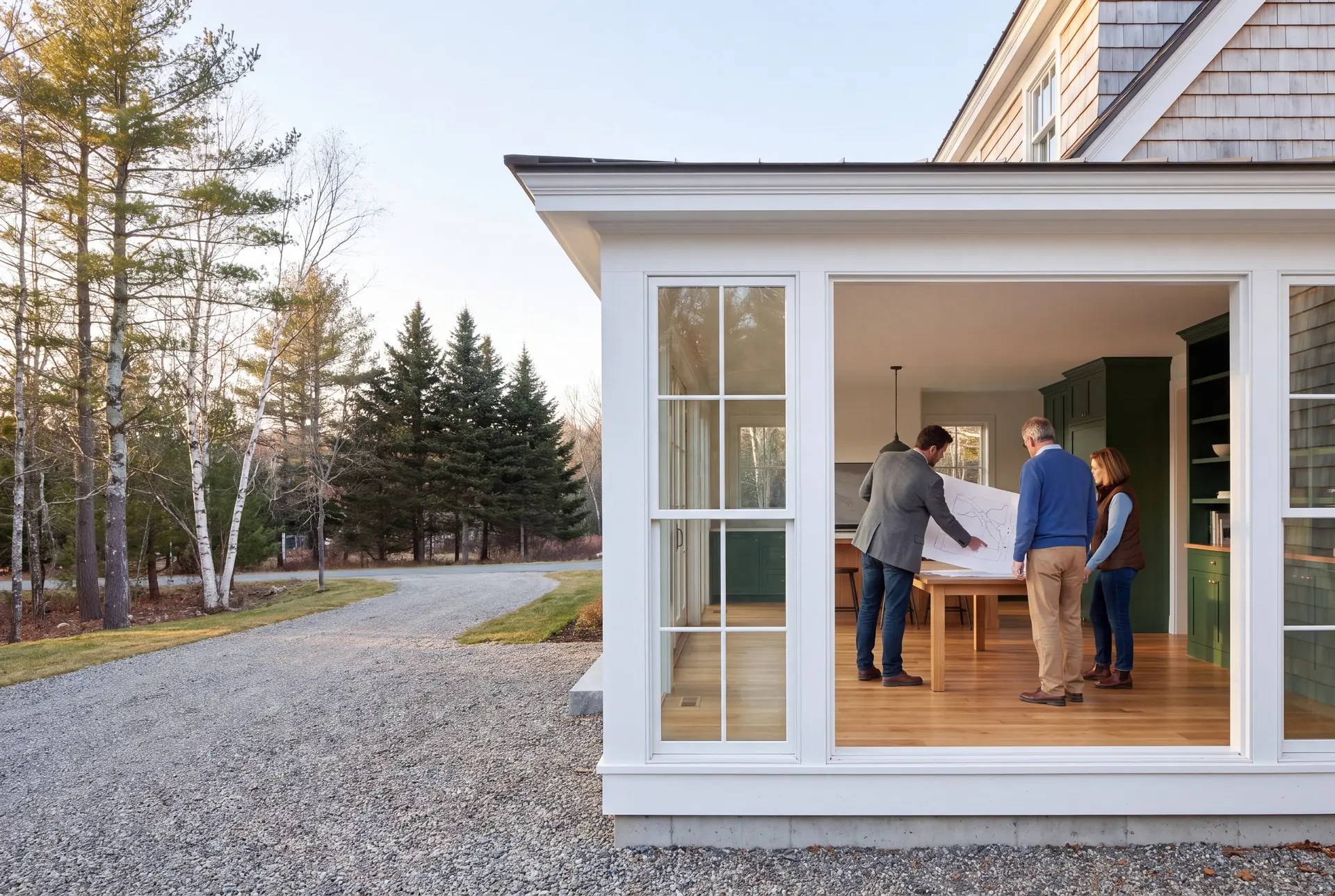 Illustration: Three people, a builder and two homeowners, review floor plans on a table in a finished living room with green cabinetry and oak floors, viewed from outside through a large window