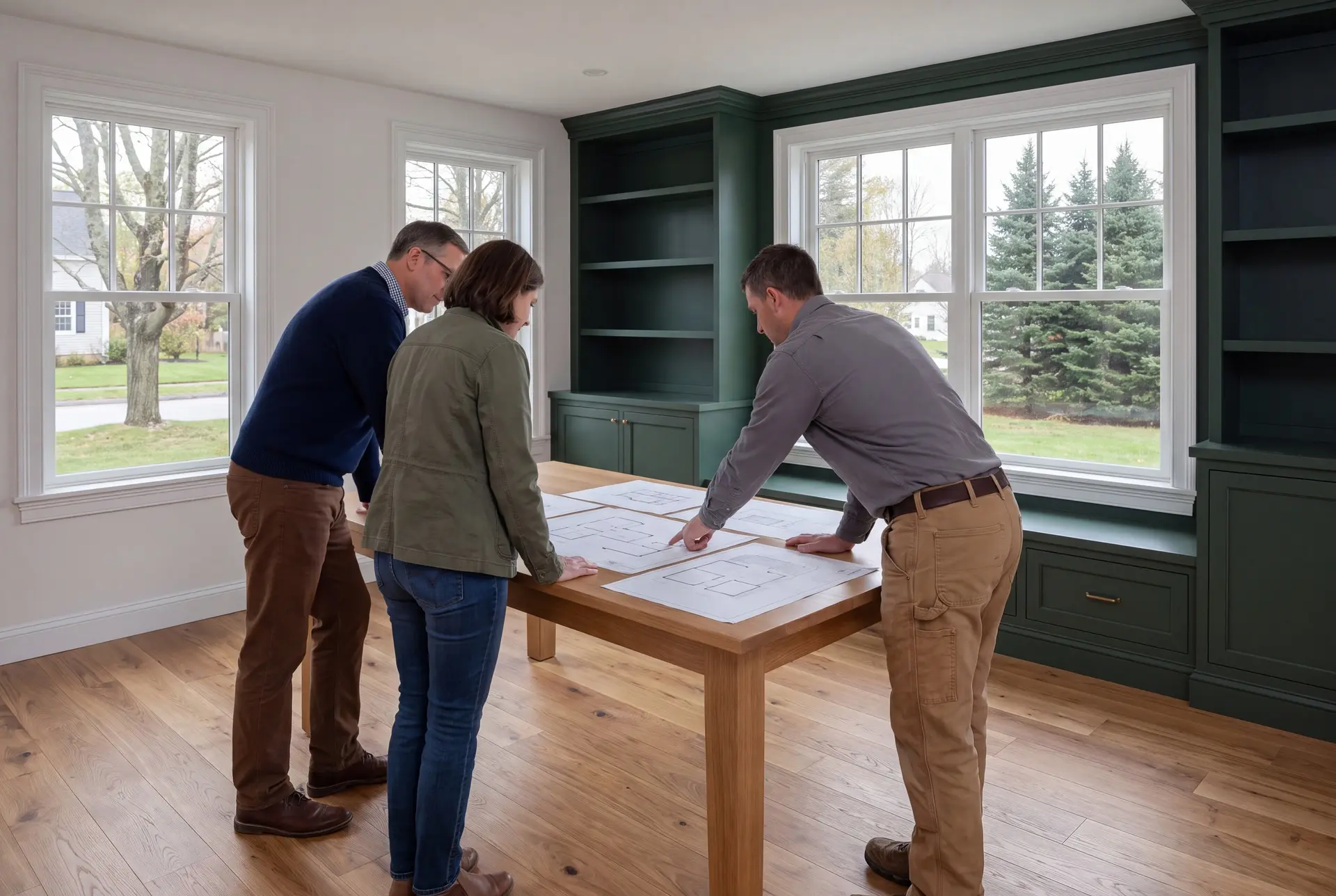 Illustration: Three people, a man in a gray shirt, a woman in a green jacket, and a man in a blue sweater, stand around a wooden table reviewing architectural drawings in a living room with green built-in shelves and oak floors