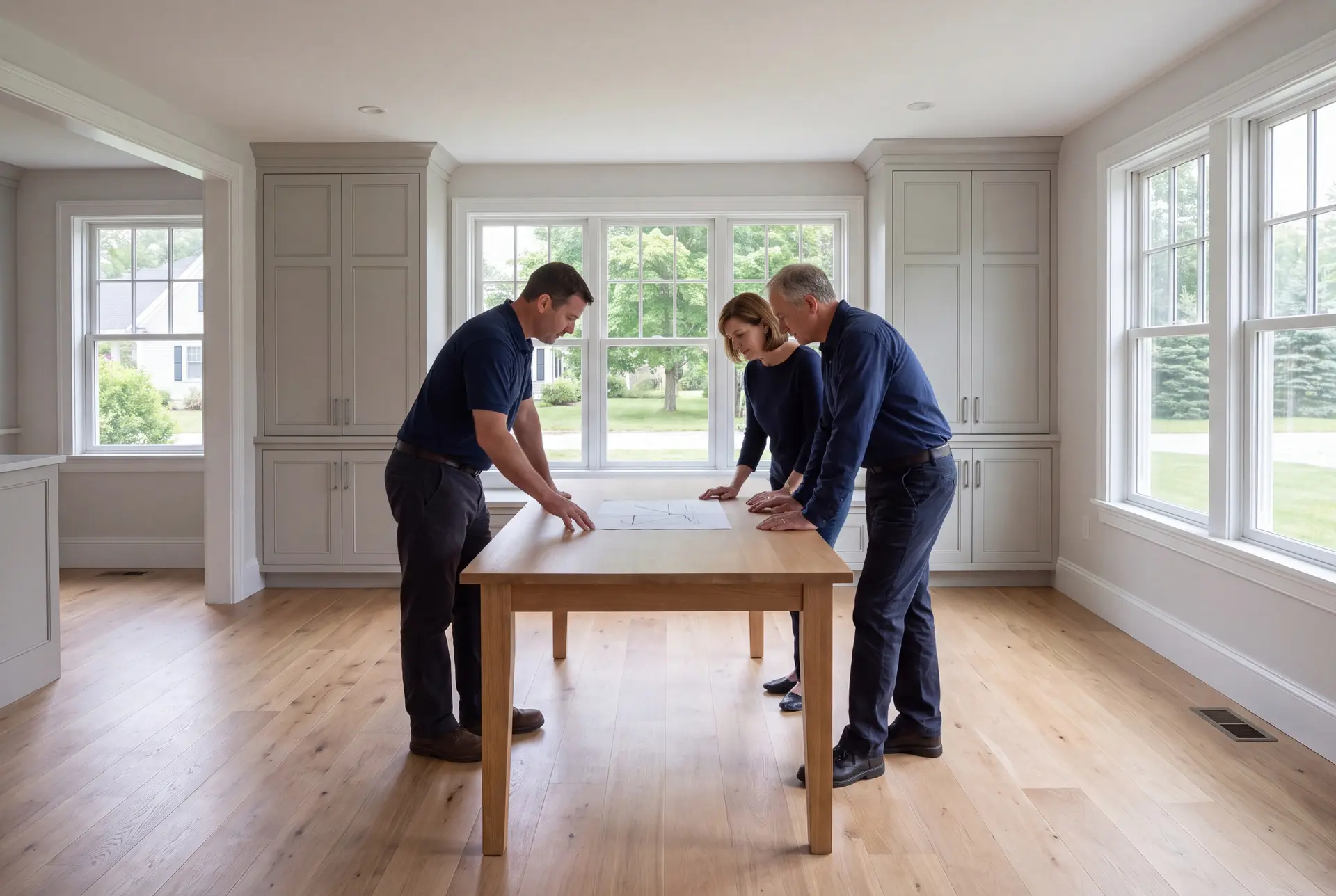 Illustration: Three people, a builder and two homeowners, reviewing architectural plans on a table in a finished living room