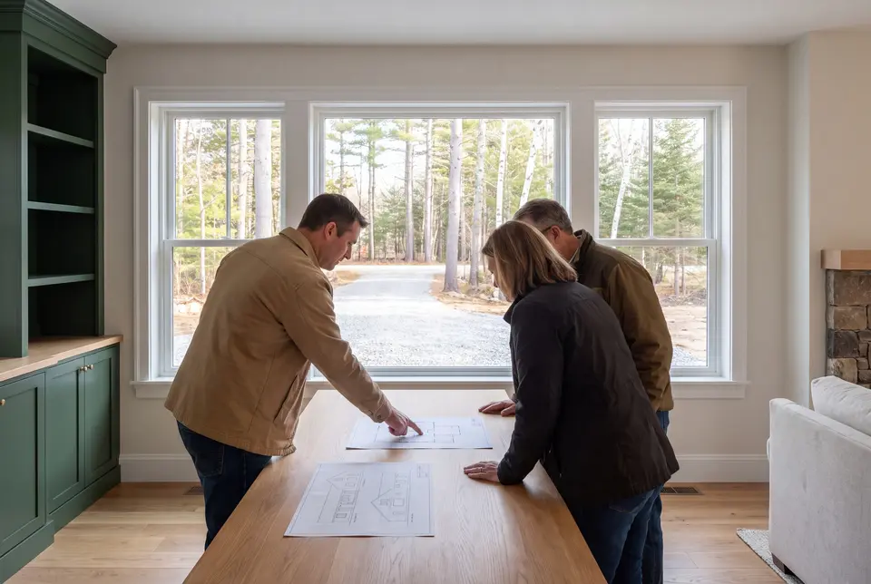 Illustration: Three adults, a builder and two homeowners, review abstract floor-plan and elevation line drawings on a plain oak table in a finished living room with forest green cabinetry, white-trimmed windows, and new oak floors