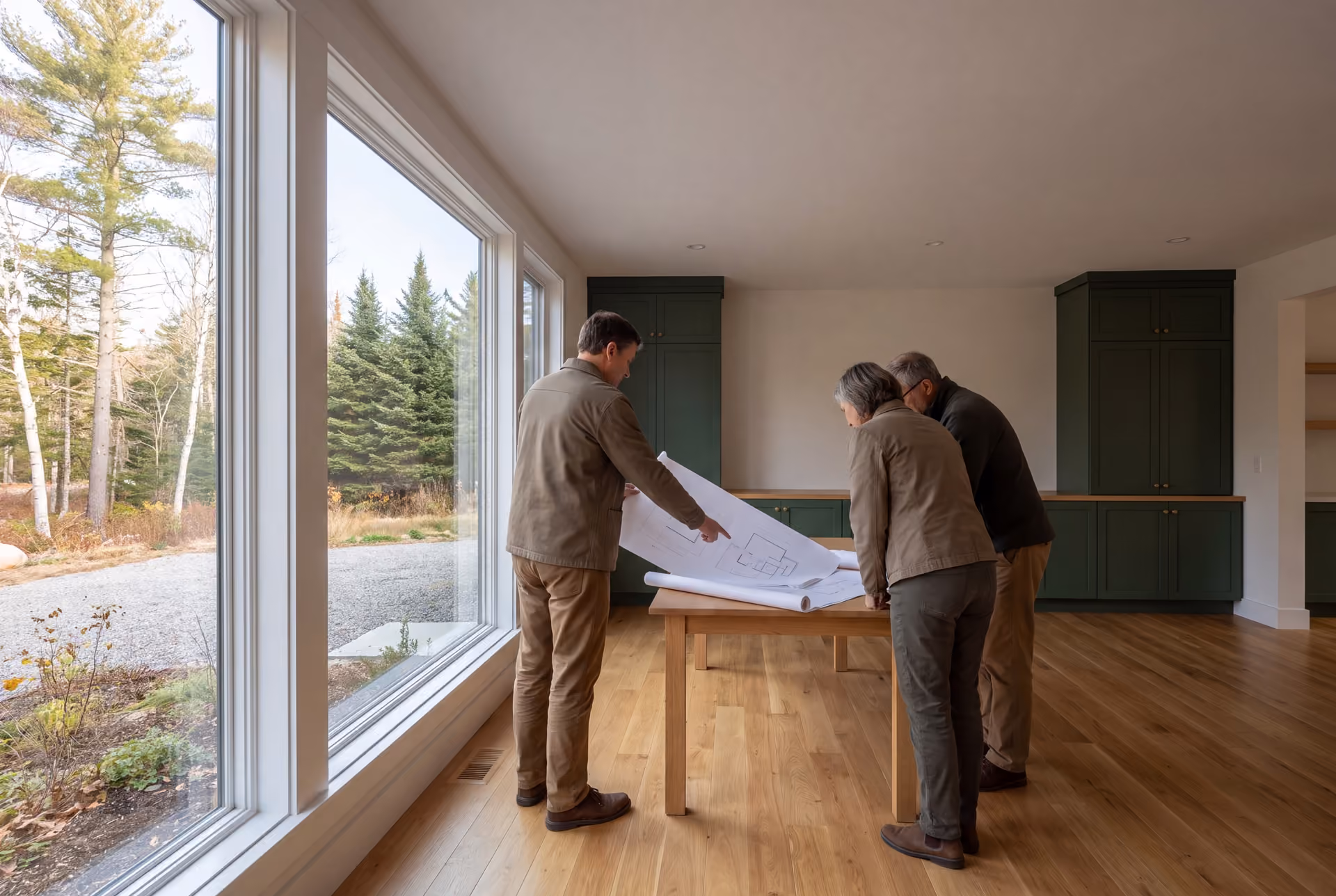 house plans and design in Falmouth, ME: illustrative scene, Three people, a man and two older individuals, review architectural drawings on a table in a modern living room with large windows and green cabinets