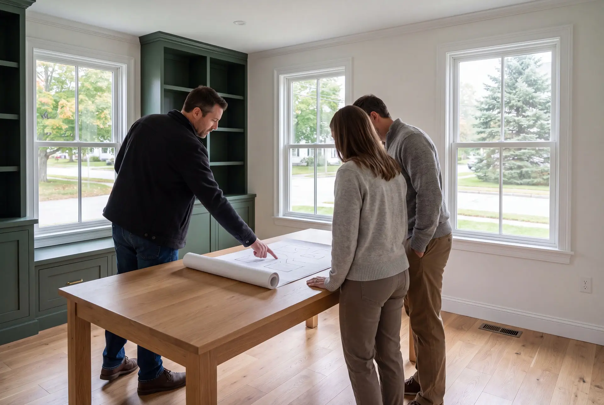 Illustration: Three people, a builder and two homeowners, reviewing architectural drawings on a wooden table in a finished living room with green cabinetry and oak floors
