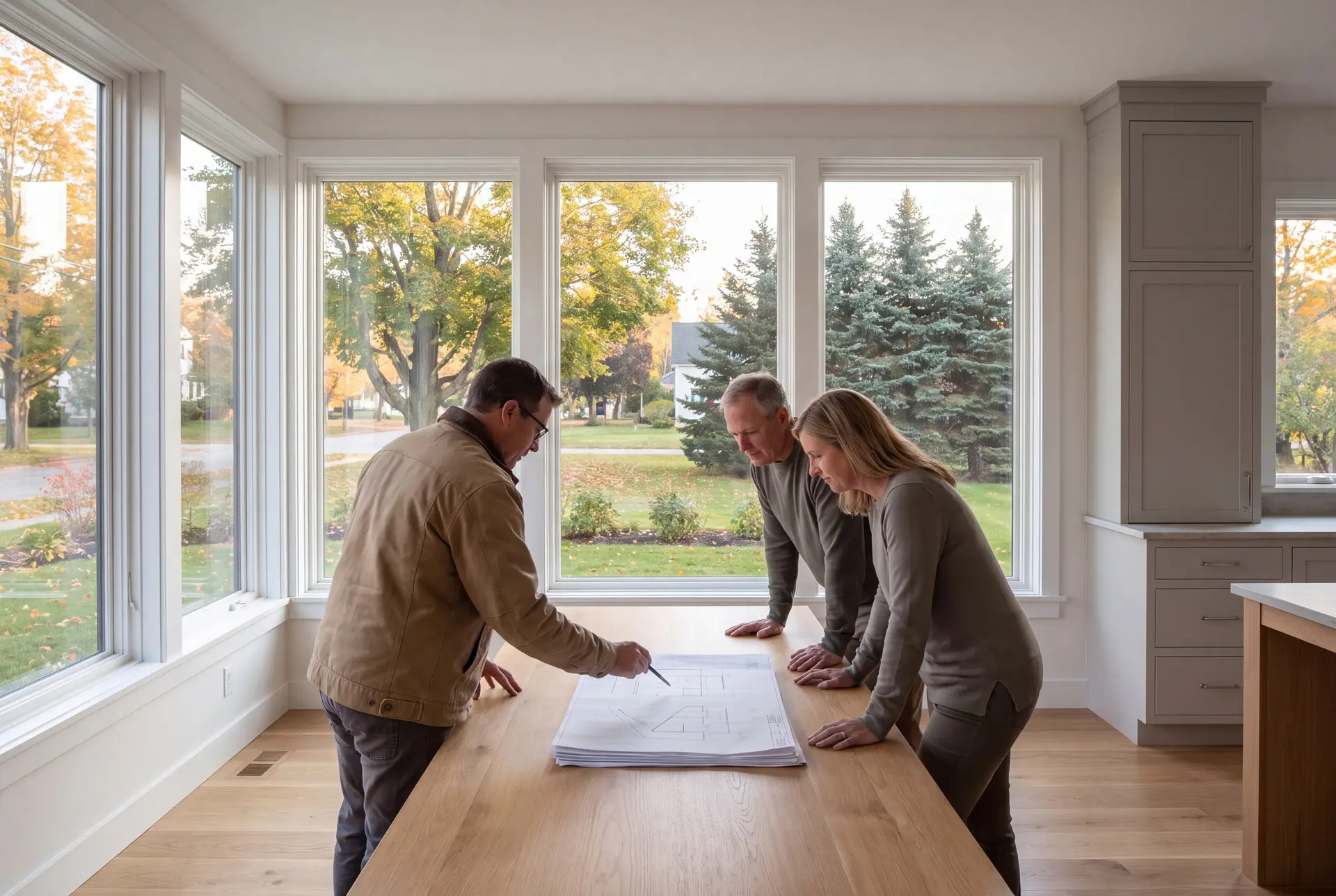 Illustration: Three adults, a builder and two homeowners, reviewing architectural drawings on an oak table in a finished living room with large windows and light gray cabinetry