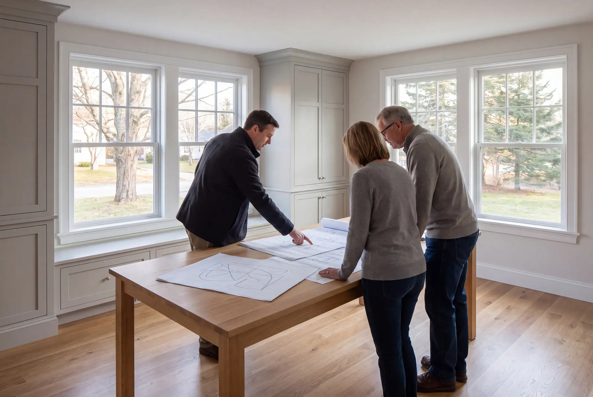 Illustration: Three people, a builder and two homeowners, reviewing architectural drawings on an oak table in a finished living room with light gray cabinetry, white windows, and oak floors