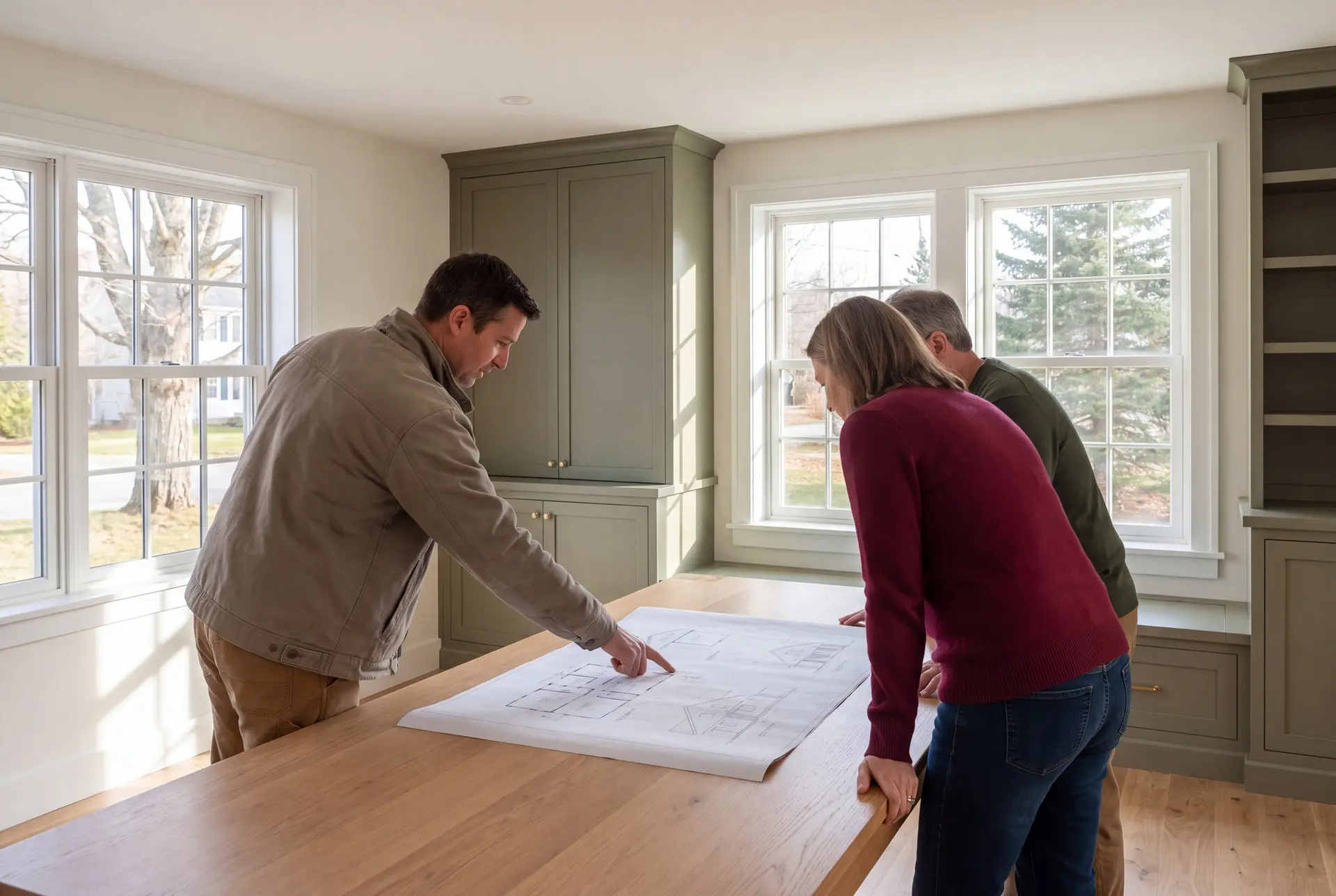 Illustration: Three people, a builder and two homeowners, reviewing blueprints on an oak table in a finished living room with olive cabinetry and oak floors