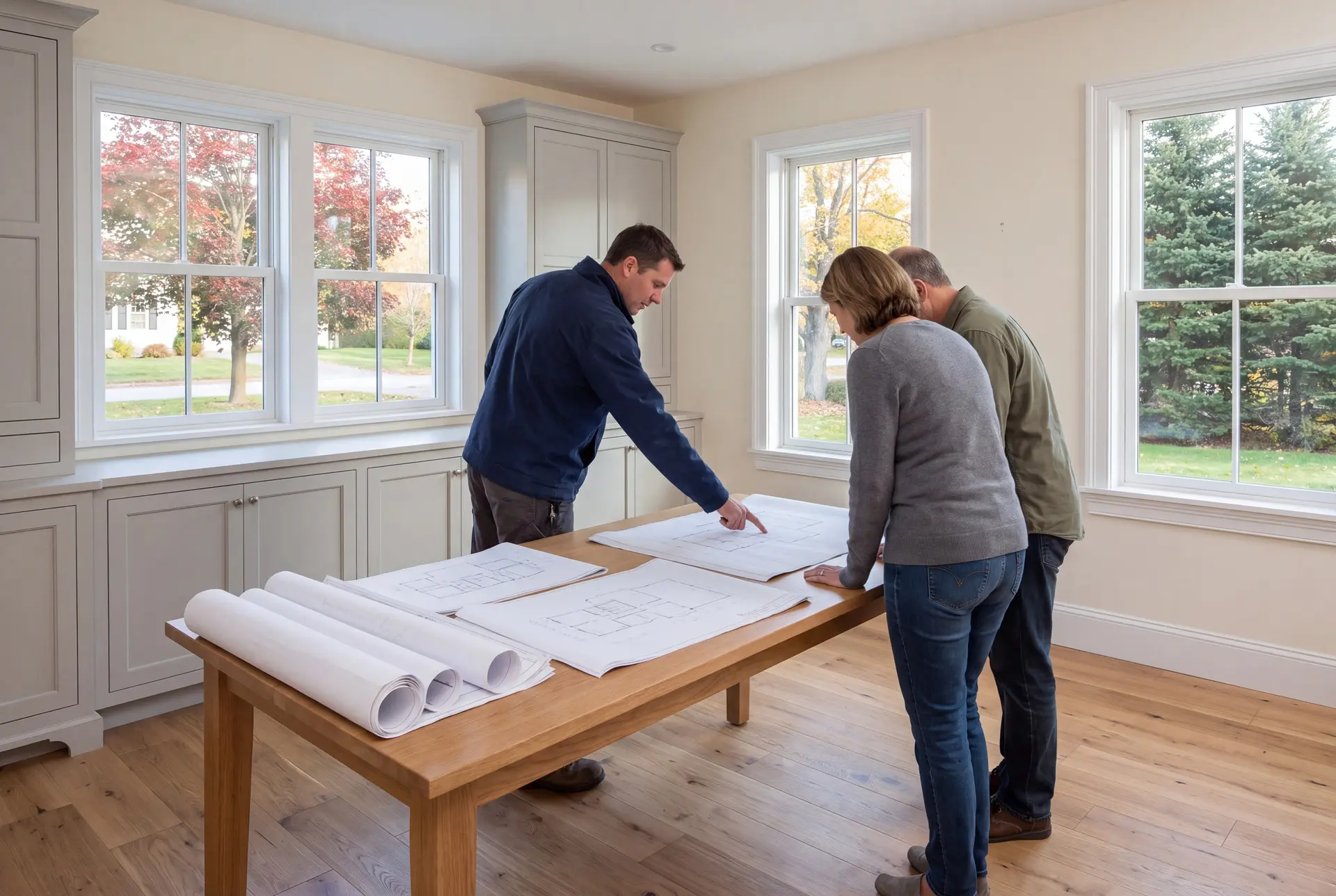 Illustration: Three people, a builder and two homeowners, review architectural drawings on an oak table in a finished living room with gray cabinets, white-trimmed windows, and oak floors