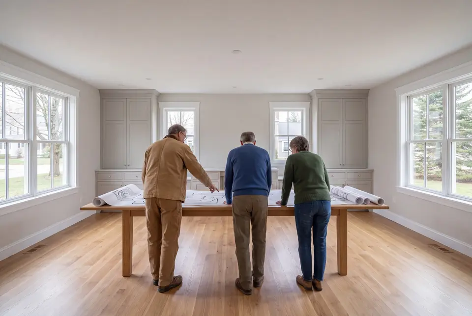 Illustration: Three people, seen from behind, reviewing architectural drawings on a table in a newly finished living room with oak floors and light gray cabinetry