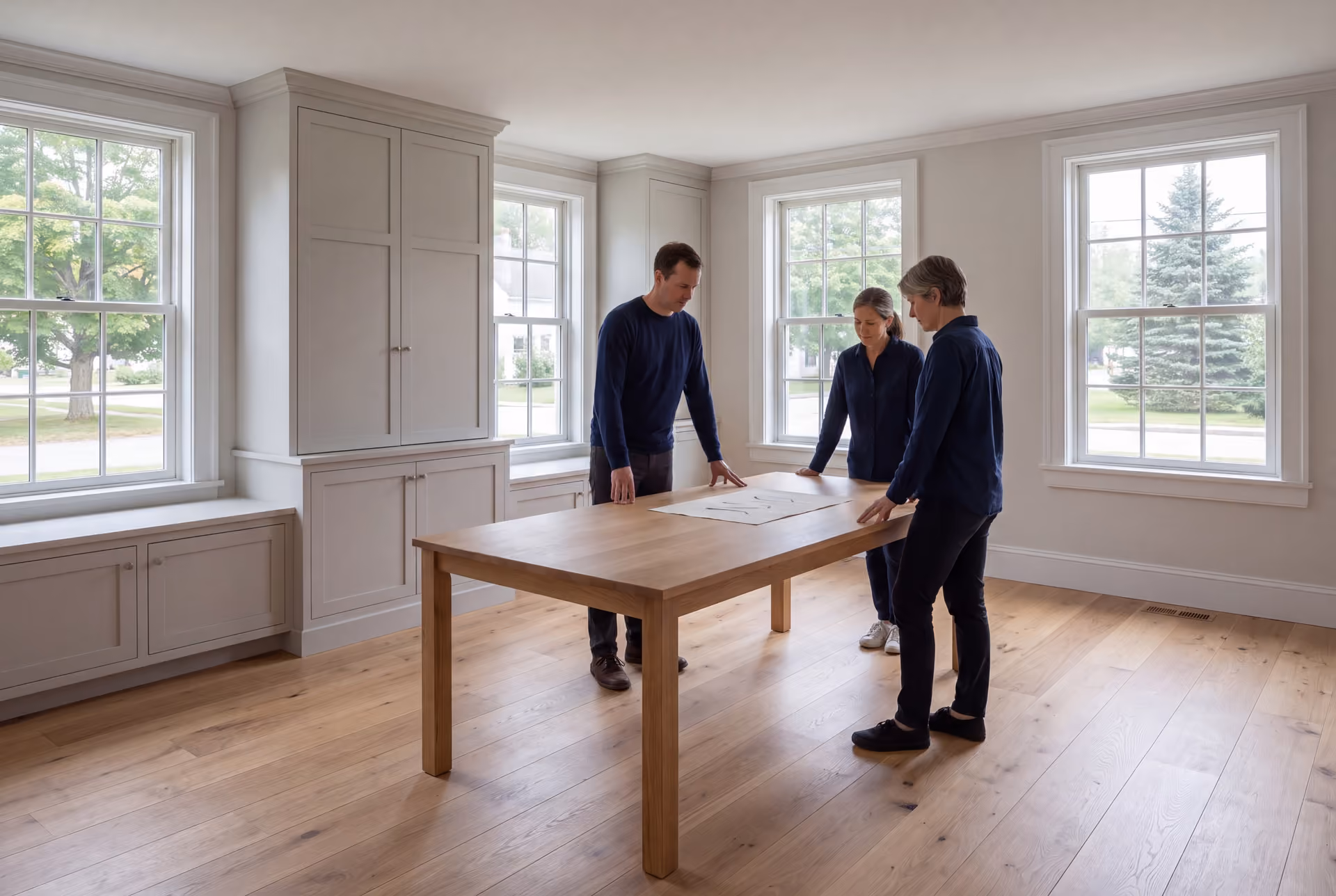 house plans and design in Freeport, ME: illustrative scene, Three people in navy shirts and dark trousers stand around a light oak table with a drawing on it, in a room with light oak floors, light gray built-in cabinets, and white-trimmed windows