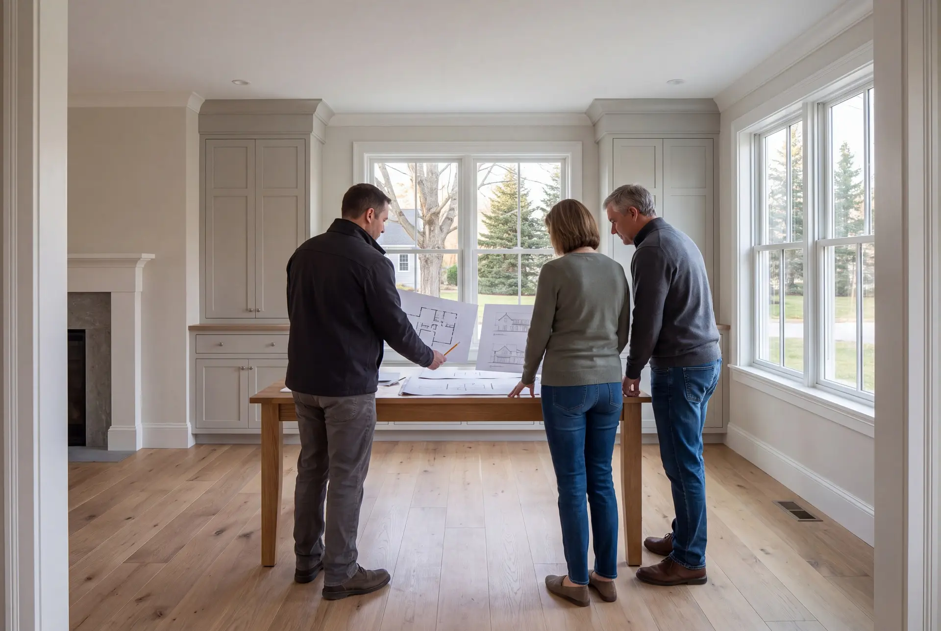 Illustration: Three adults, a builder and two homeowners, review architectural drawings on an oak table in a finished living room with oak floors and gray cabinetry
