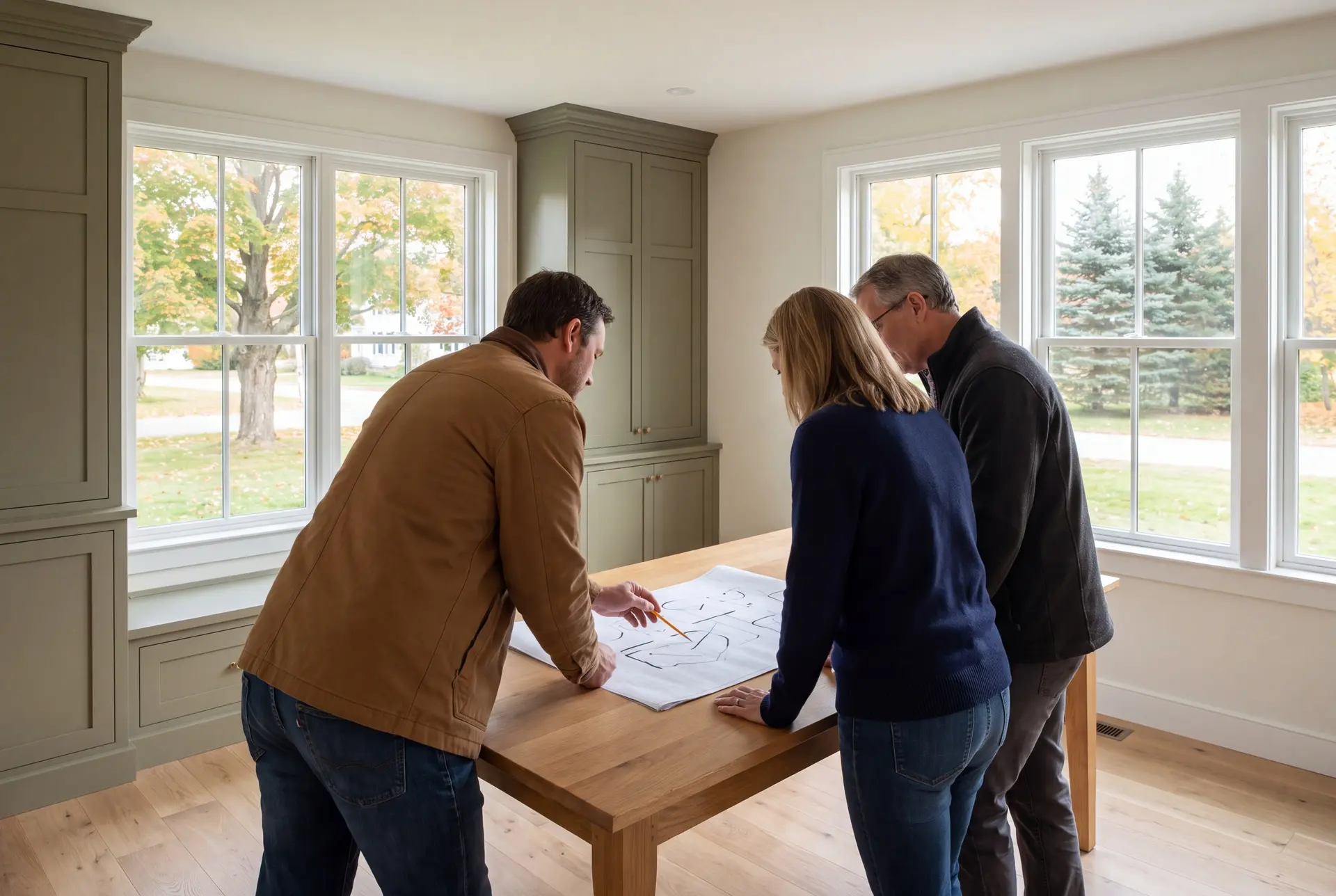 Illustration: Three adults, a builder and two homeowners, review abstract floor-plan drawings on an oak table in a finished living room with olive cabinetry and oak floors