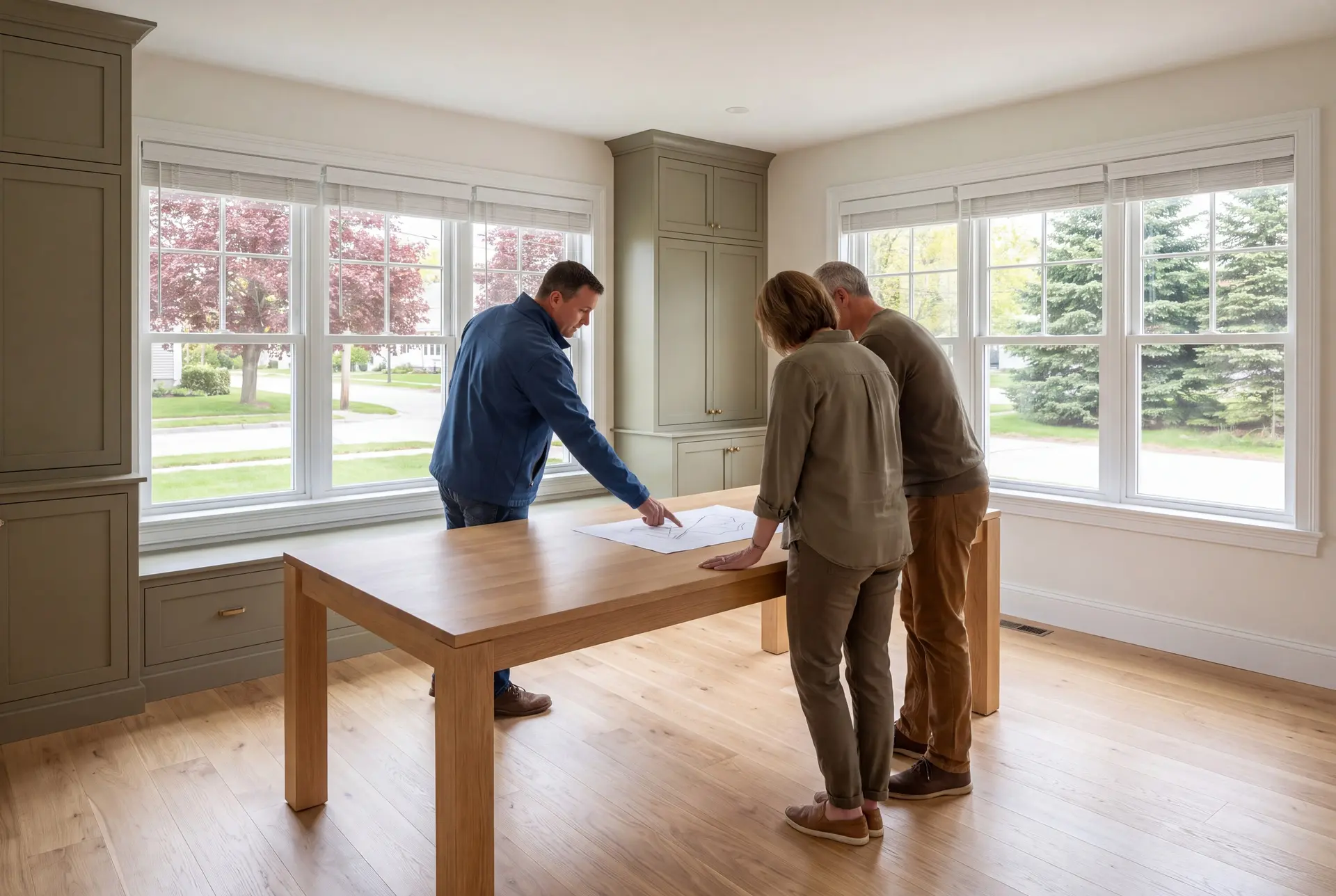 Illustration: Three people, a builder and two homeowners, reviewing floor-plan drawings on an oak table in a finished living room with olive cabinetry and oak floors