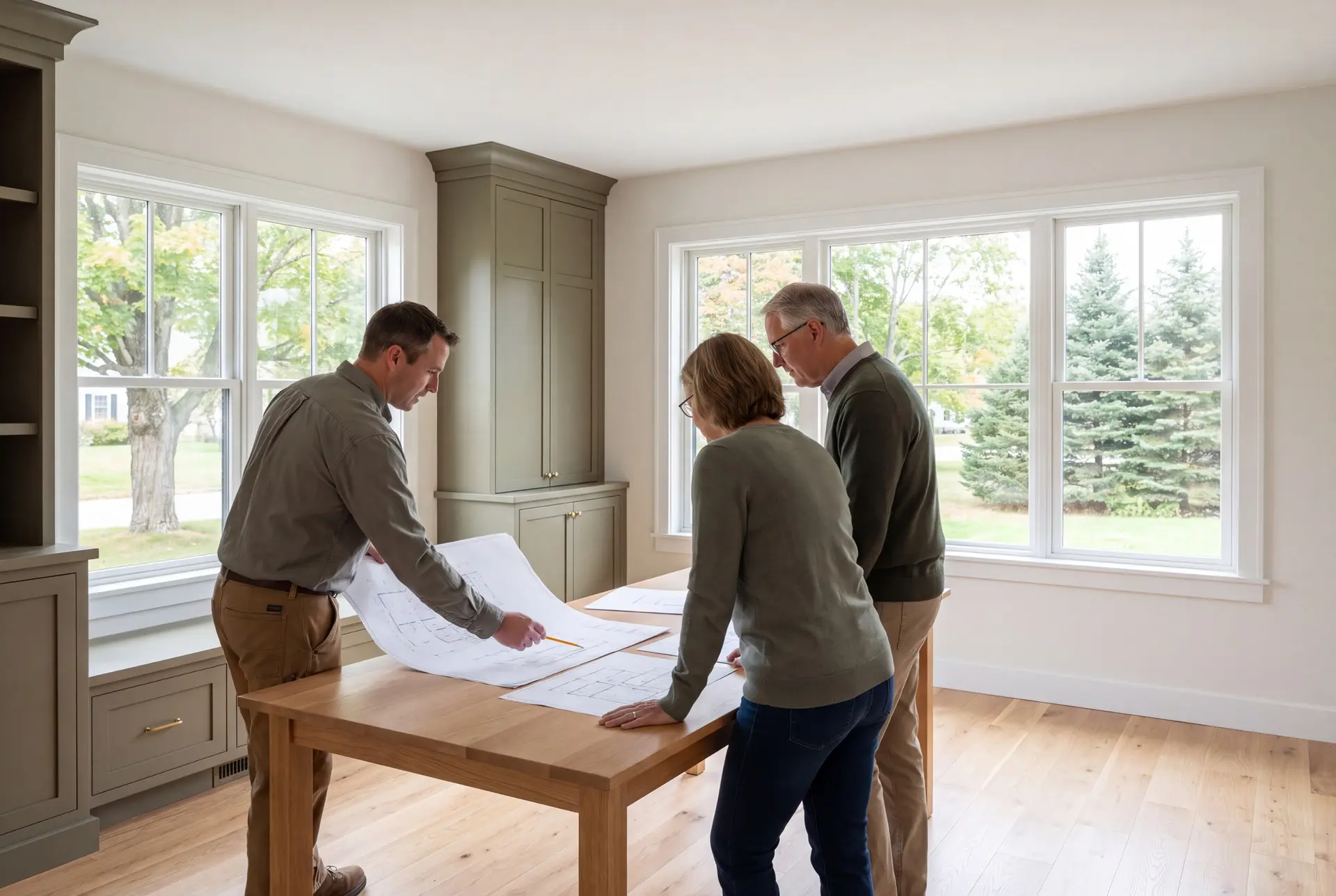 Illustration: Three people, a builder and two homeowners, reviewing architectural drawings on a table in a finished living room with olive cabinetry and oak floors