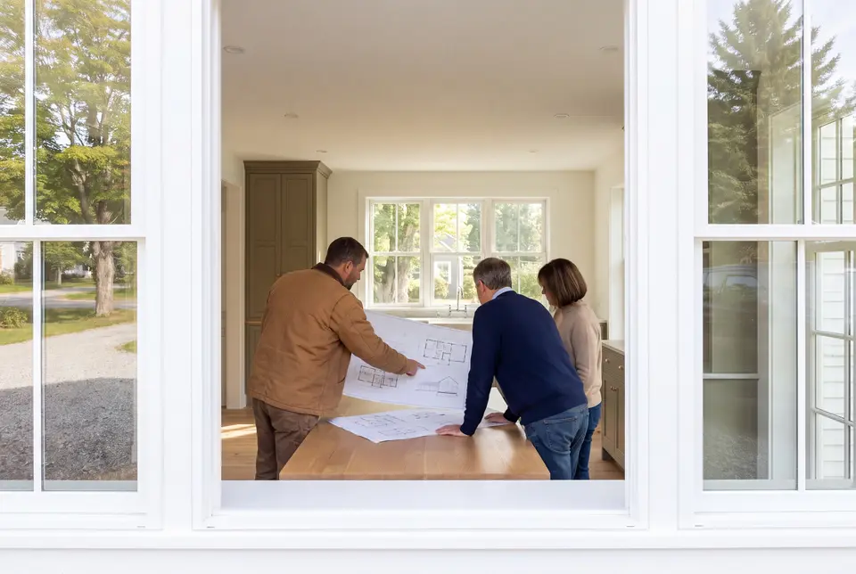 Illustration: Three people, a builder and two homeowners, reviewing architectural drawings on an oak table in a finished living room with olive cabinetry and oak floors