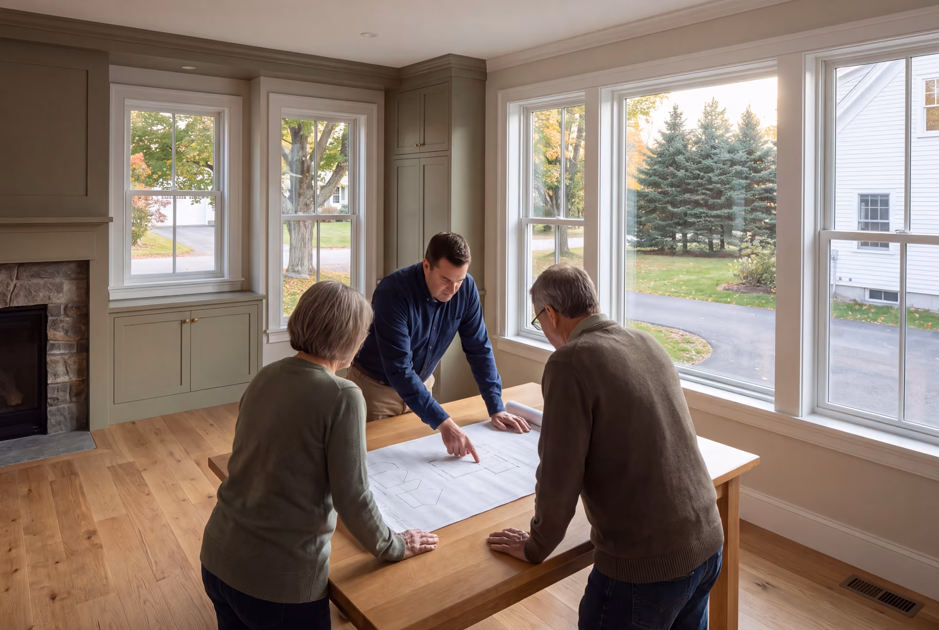 house plans and design in Gorham, ME: illustrative scene, Three people, a builder and two homeowners, review architectural drawings on an oak table in a finished living room with olive cabinetry and oak floors
