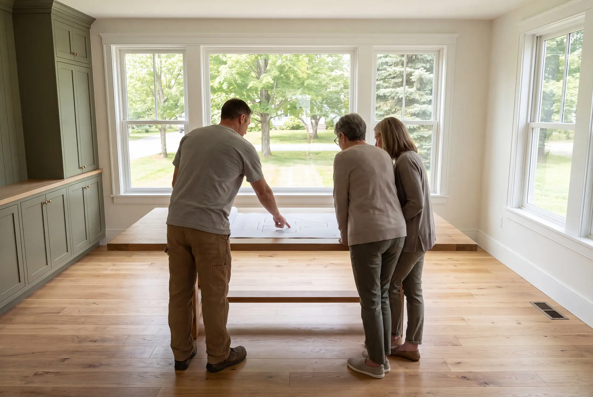 Illustration: Three people, a man and two women, stand around a table looking at architectural drawings in a finished living room with olive green cabinets and oak floors