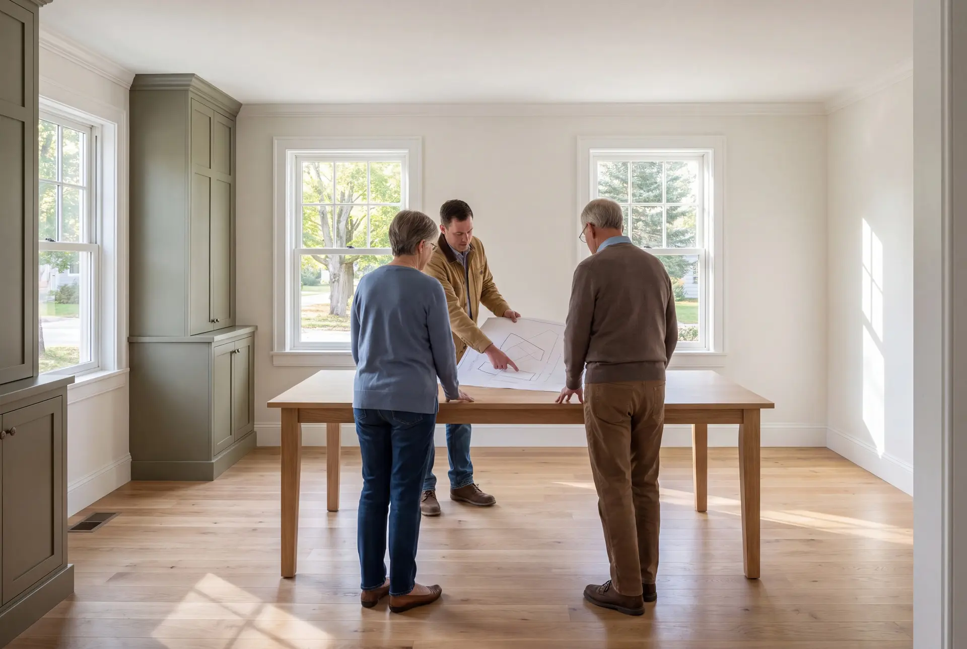 Illustration: Three people, a builder and two homeowners, review a floor plan on an oak table in a finished living room with olive cabinetry and oak floors