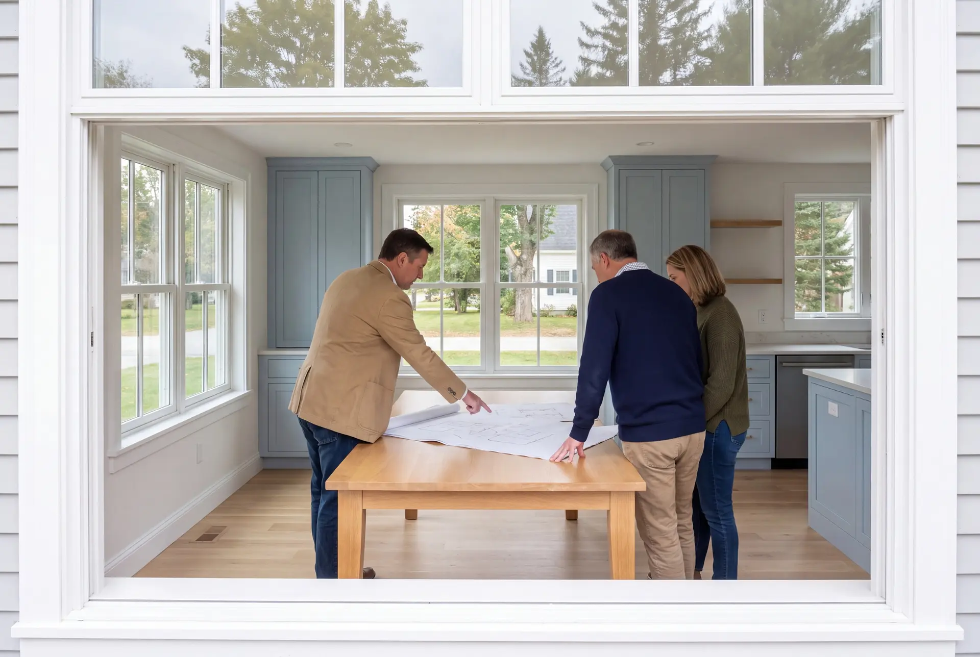 Illustration: Three people, a builder and two homeowners, review architectural drawings on a table in a finished living room with light blue cabinets and oak floors