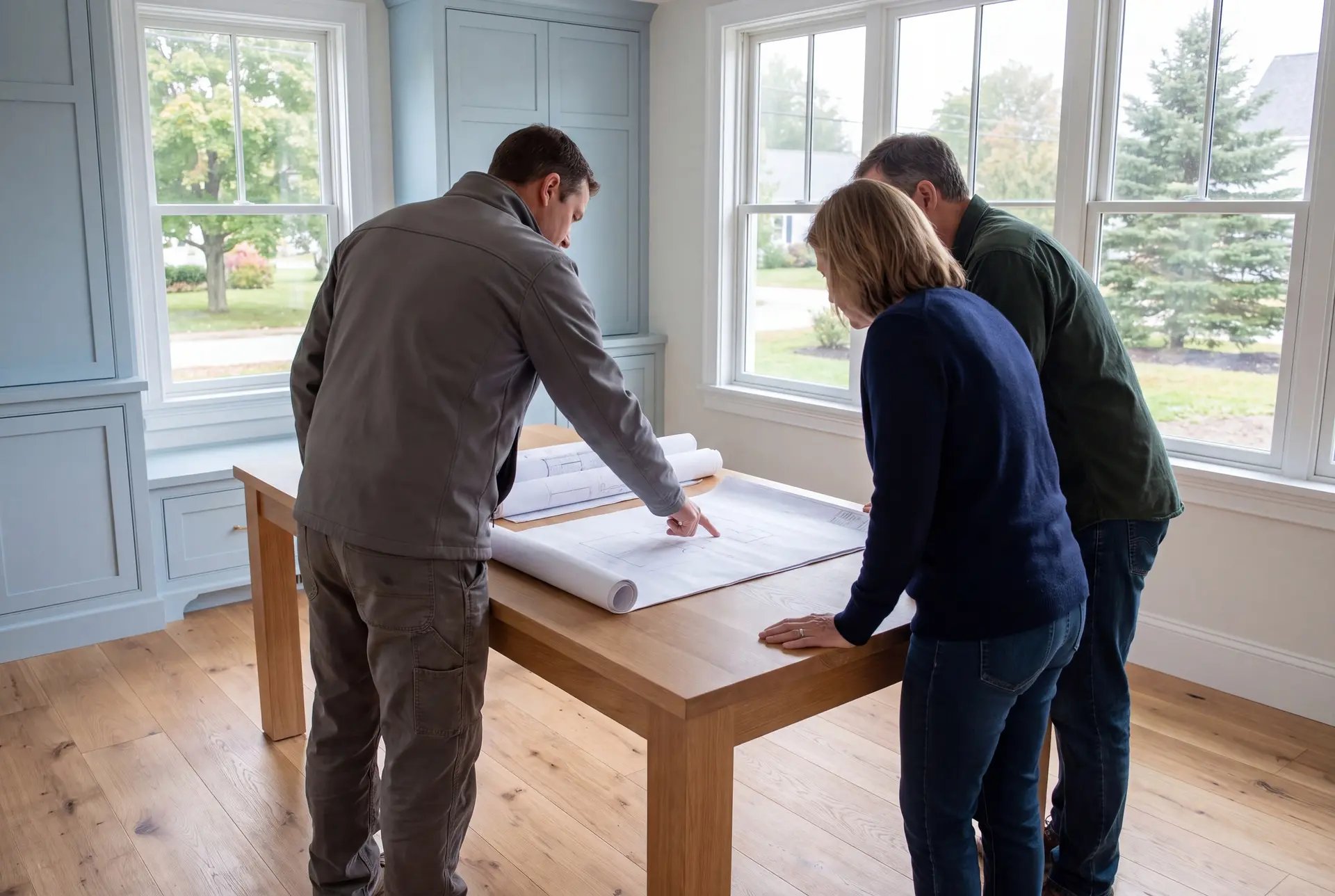 Illustration: Three people, a builder and two homeowners, reviewing architectural drawings on an oak table in a finished living room with light blue cabinetry and oak floors