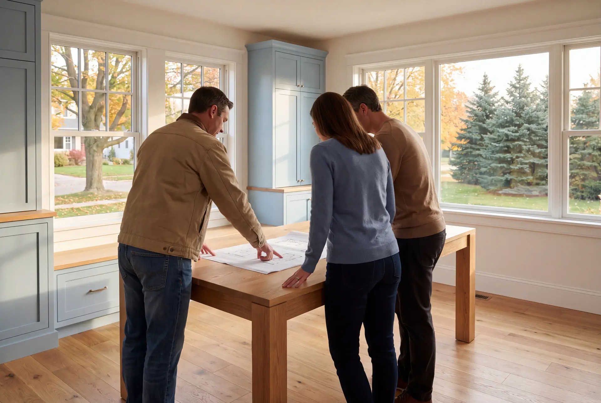 Illustration: Three people, a builder and two homeowners, review architectural drawings on an oak table in a bright living room with blue cabinets and oak floors