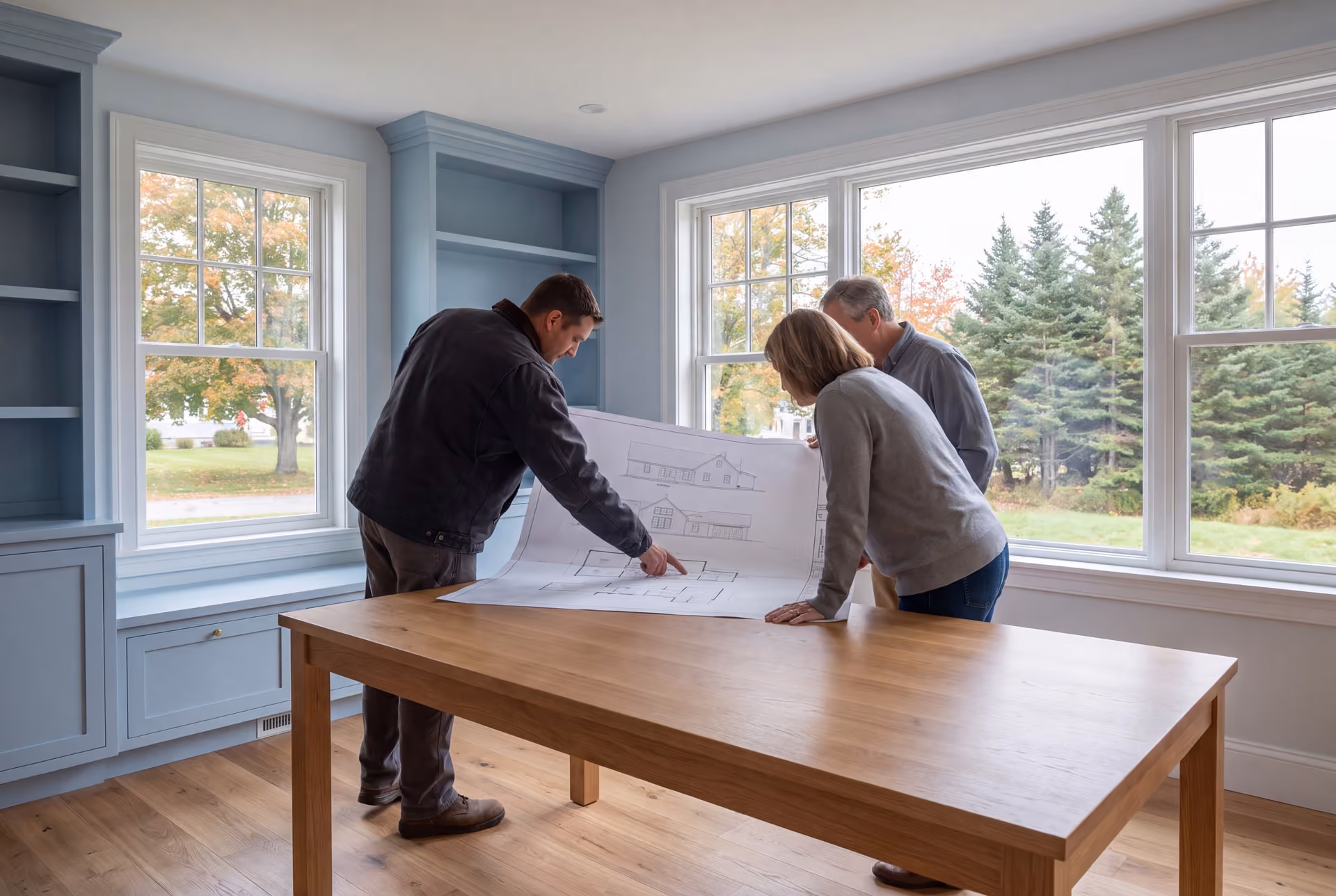 house plans and design in Gray, ME: illustrative scene, Three people, a builder and two homeowners, reviewing architectural drawings on an oak table in a finished living room with blue cabinetry and large windows