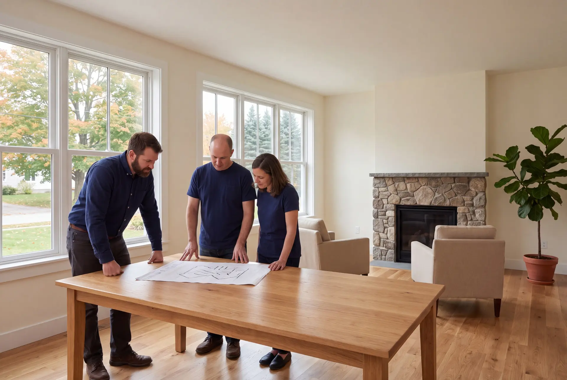 Illustration: Three adults, a man in a long-sleeved shirt and a man and woman in short-sleeved shirts, stand around a wooden table looking at a blueprint. The room has large windows, a stone fireplace, two chairs, and a plant