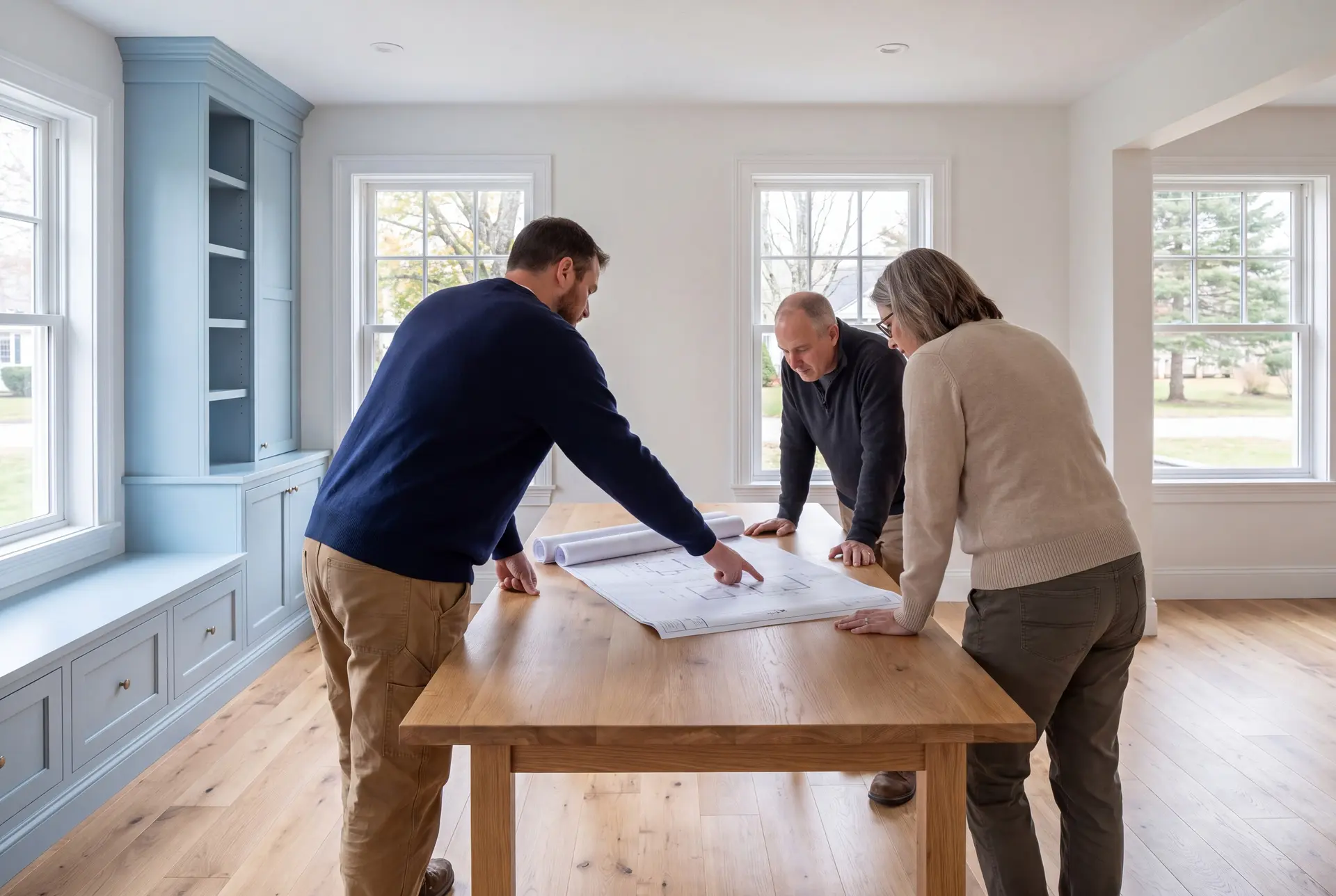 Illustration: Three people, a builder and two homeowners, review architectural drawings on a wooden table in a newly finished living room with light blue built-in cabinetry and oak floors