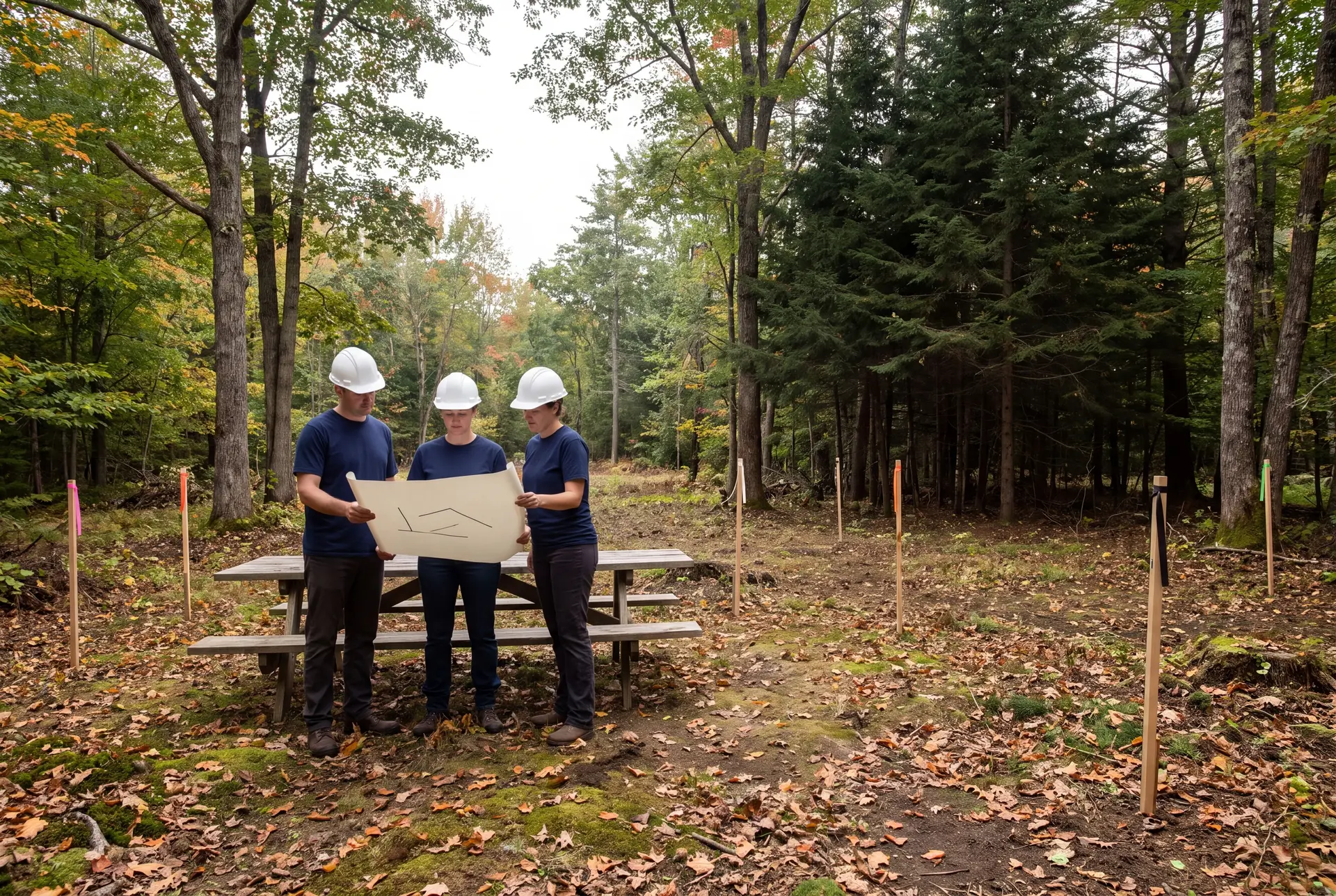 Illustration: Three people in hard hats and work clothes reviewing a site plan on a picnic table in a wooded area marked with survey stakes