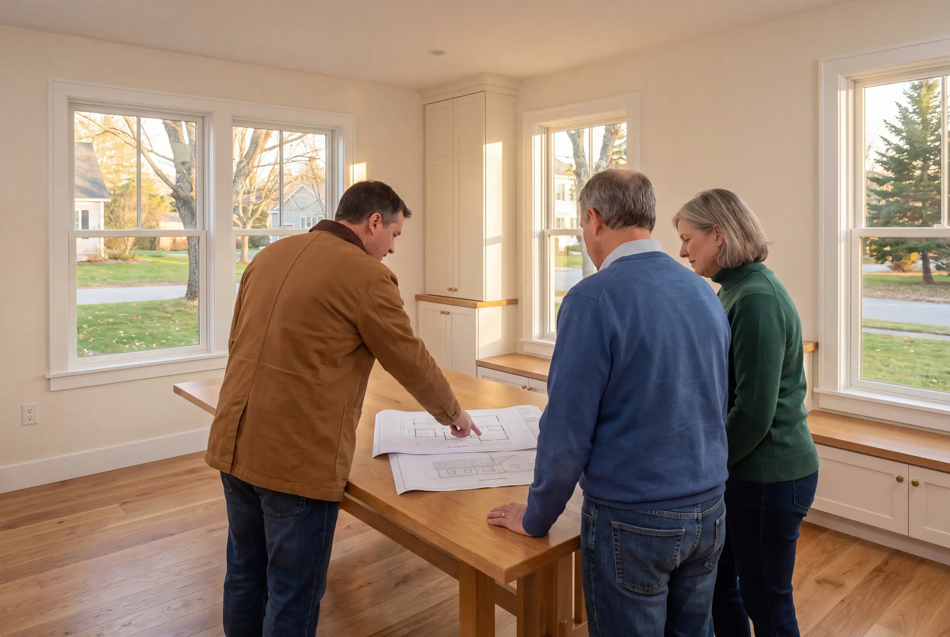 Illustration: Three adults, a builder and two homeowners, reviewing architectural drawings on an oak table in a finished living room with oak floors and white cabinetry