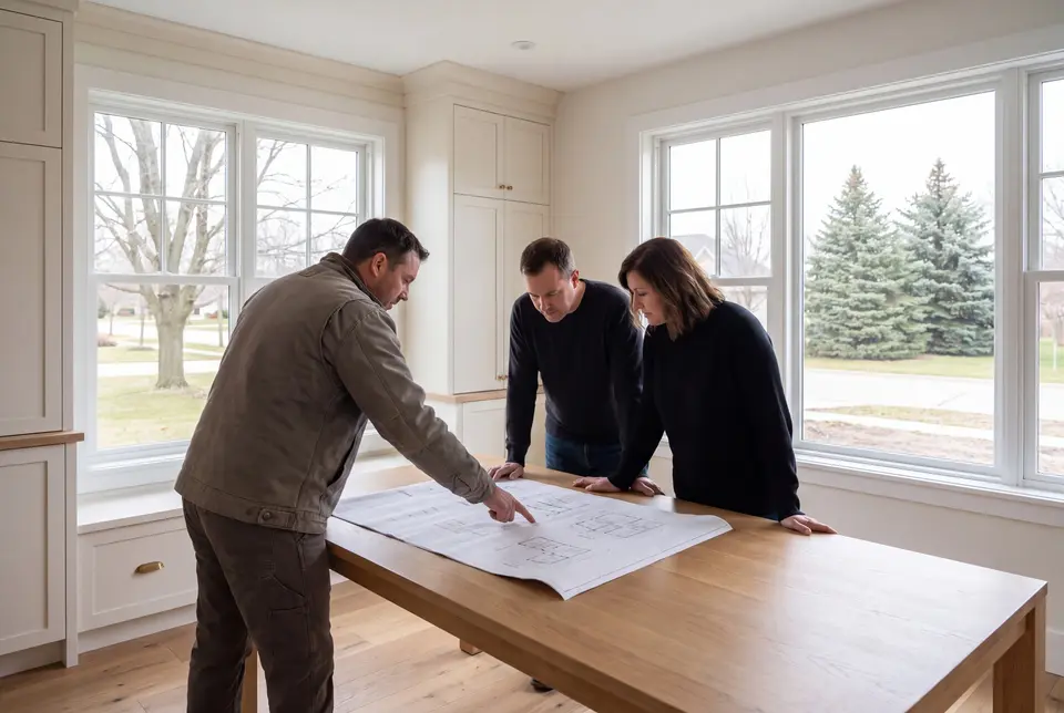 Illustration: Three people, a builder and two homeowners, review blueprints on an oak table in a finished living room with white cabinetry and oak floors