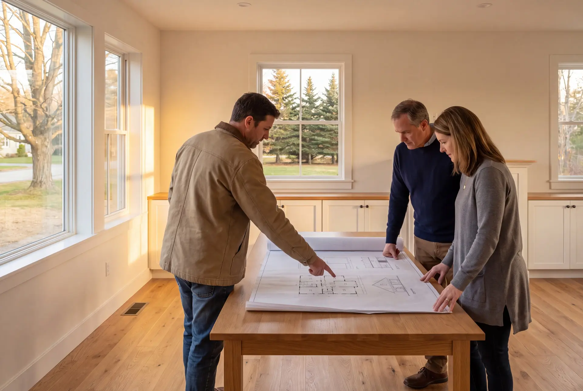 Illustration: Three people, a builder and two homeowners, reviewing architectural blueprints on a table in a finished living room with oak floors and white cabinetry