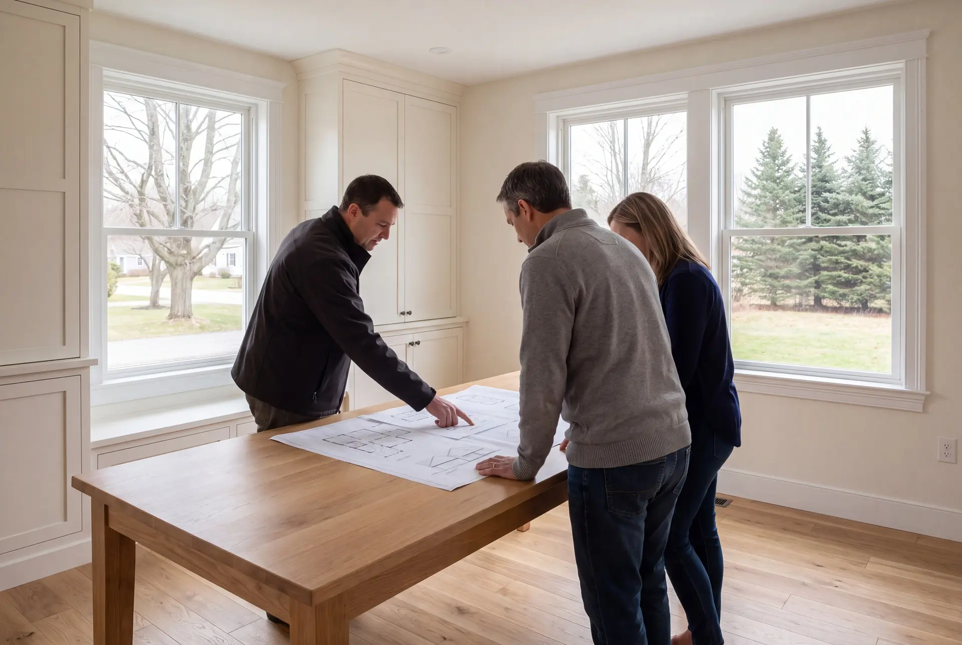 Illustration: Three adults, a builder and two homeowners, reviewing architectural drawings on an oak table in a finished living room with white cabinetry and oak floors