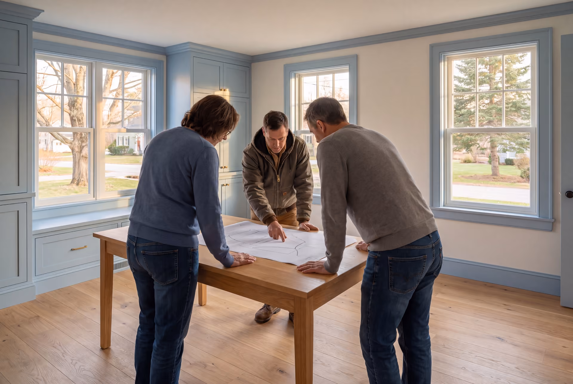 house plans and design in Hollis, ME: illustrative scene, Three people, a builder and two homeowners, review architectural drawings on a table in a newly finished living room with blue cabinetry and oak floors