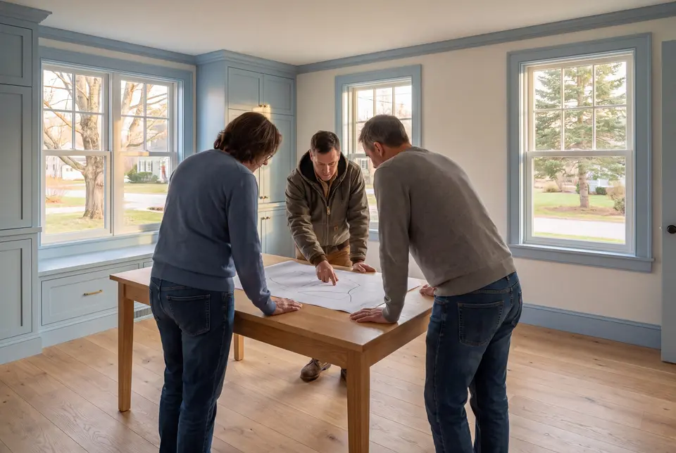 house plans and design in Hollis, ME: illustrative scene, Three people, a builder and two homeowners, review architectural drawings on a table in a newly finished living room with blue cabinetry and oak floors