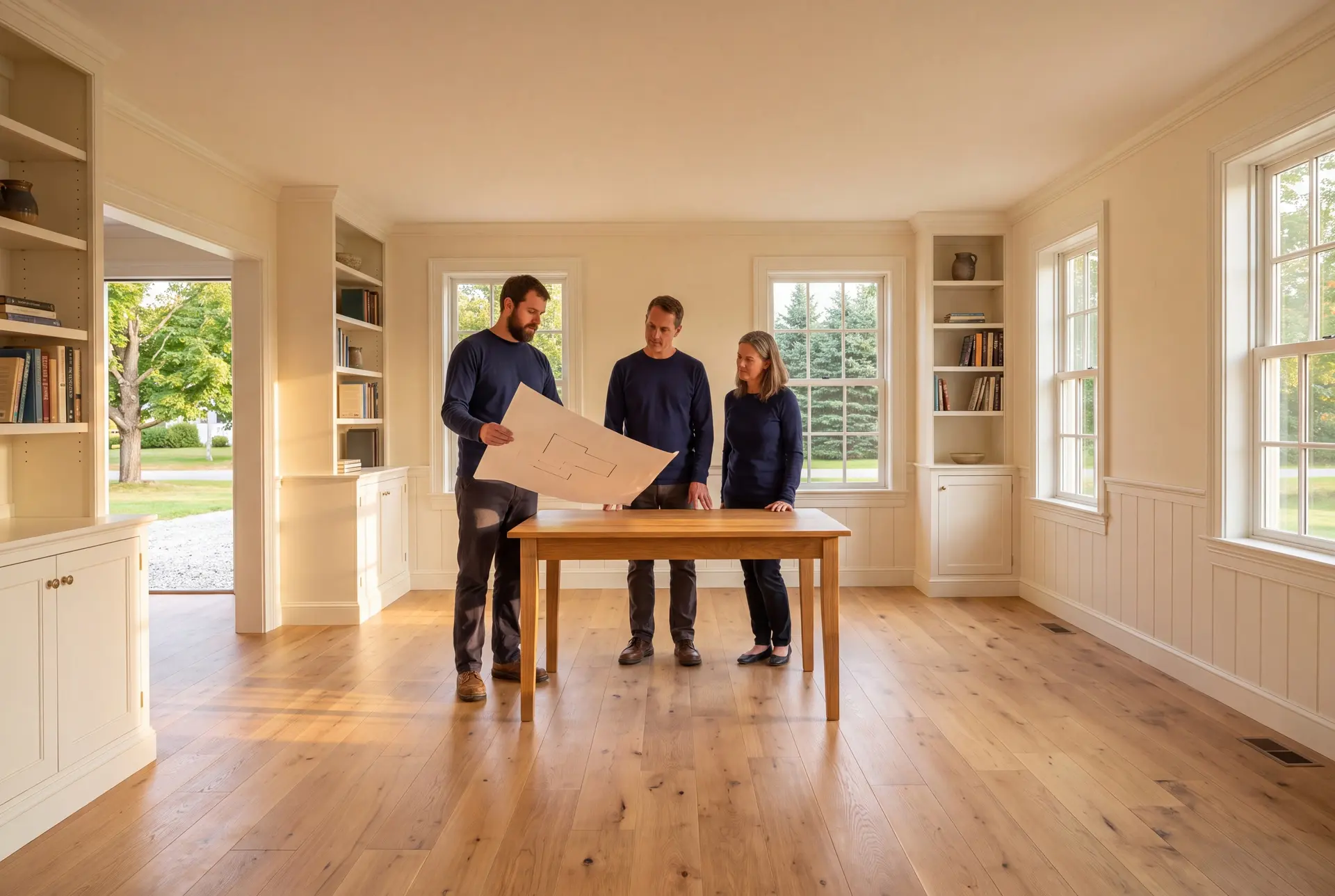 Illustration: Three people in navy shirts and dark trousers stand around a wooden table in a bright room with oak floors and white built-in shelves, looking at a blueprint