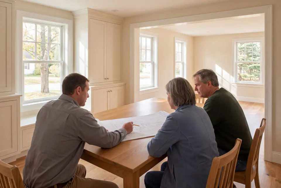 Illustration: Three adults, a builder and two homeowners, reviewing blueprints on an oak table in a finished living room with white cabinetry and oak floors