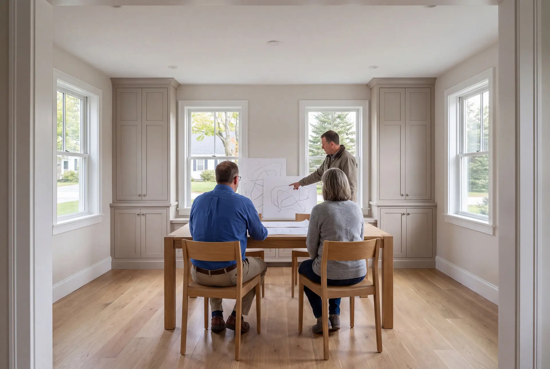 Illustration: Three people, two seated and one standing, review abstract drawings on a table in a finished living room with oak floors and mushroom-colored cabinets