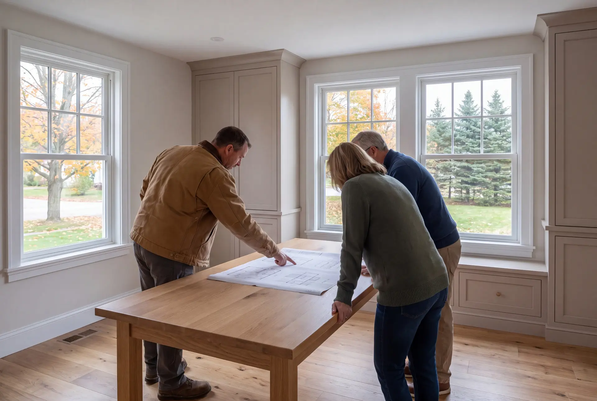 Illustration: Three adults, a builder and two homeowners, reviewing architectural drawings on an oak table in a finished living room with mushroom cabinetry and oak floors