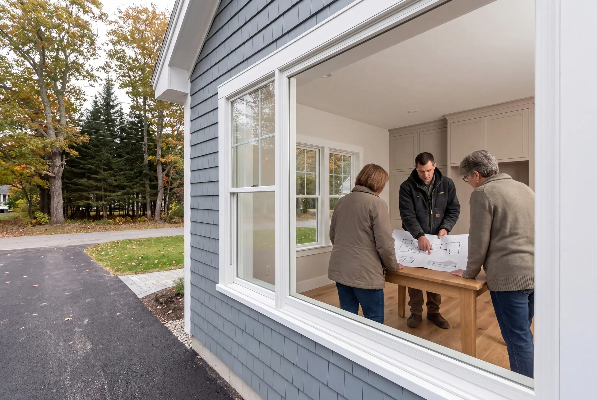 Illustration: Three people, a builder and two homeowners, reviewing floor plans on an oak table in a finished living room with mushroom cabinetry and oak floors, viewed through a window from outside