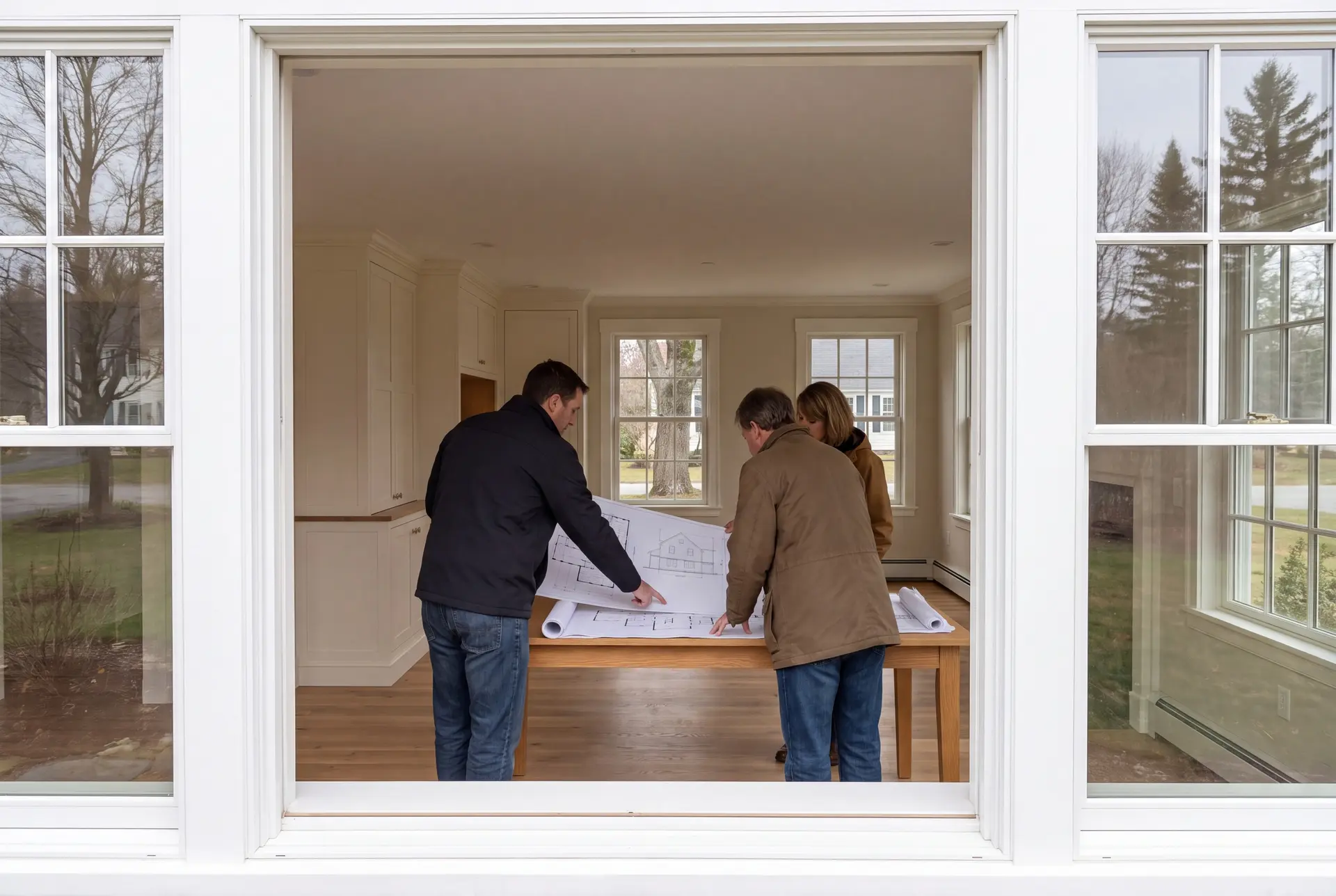 Illustration: Three people, a builder and two homeowners, review architectural drawings on an oak table in a finished living room with white cabinetry and oak floors
