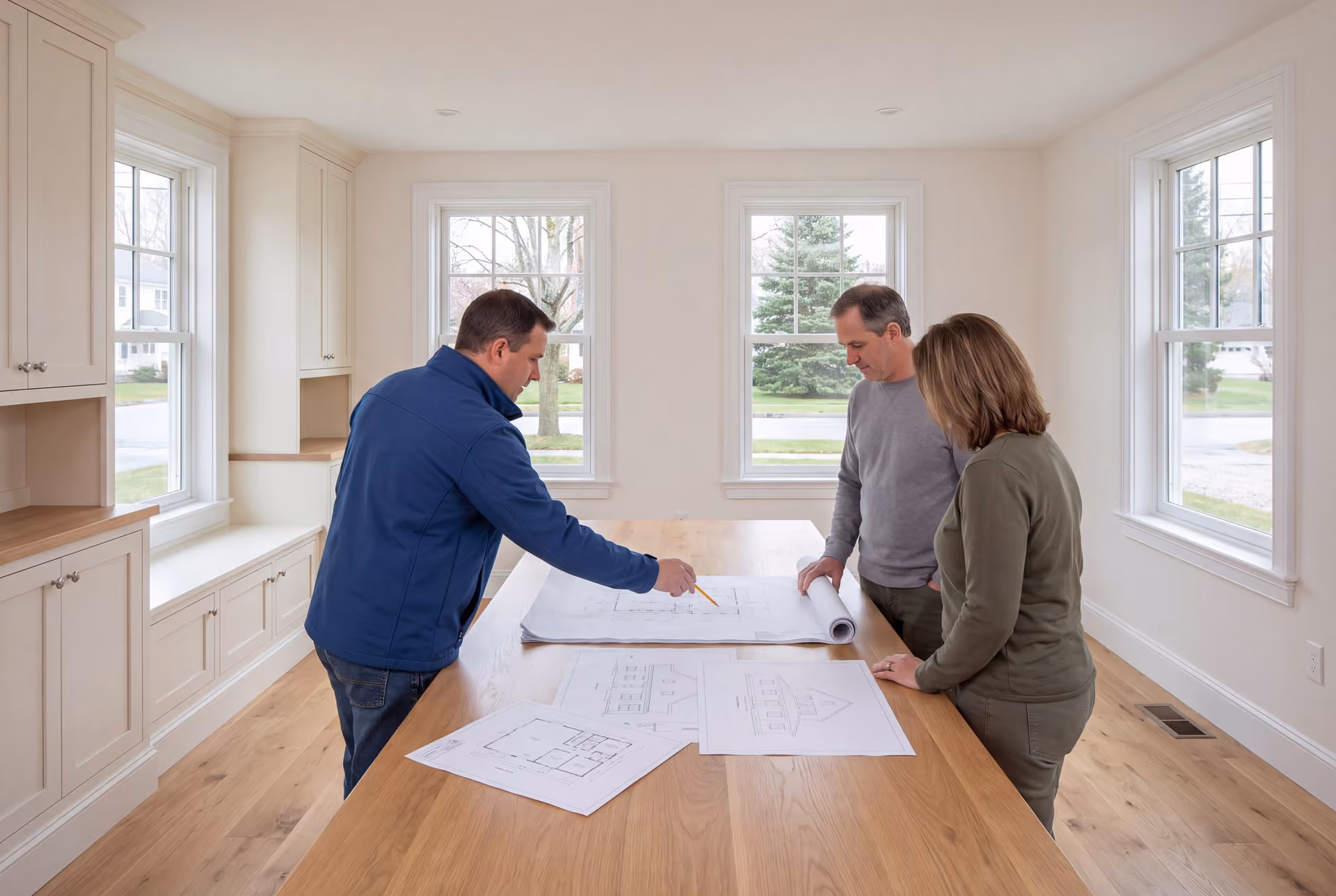 house plans and design in Kennebunk, ME: illustrative scene, Three people, a builder and two homeowners, reviewing architectural drawings on a table in a finished living room with oak floors and white cabinetry