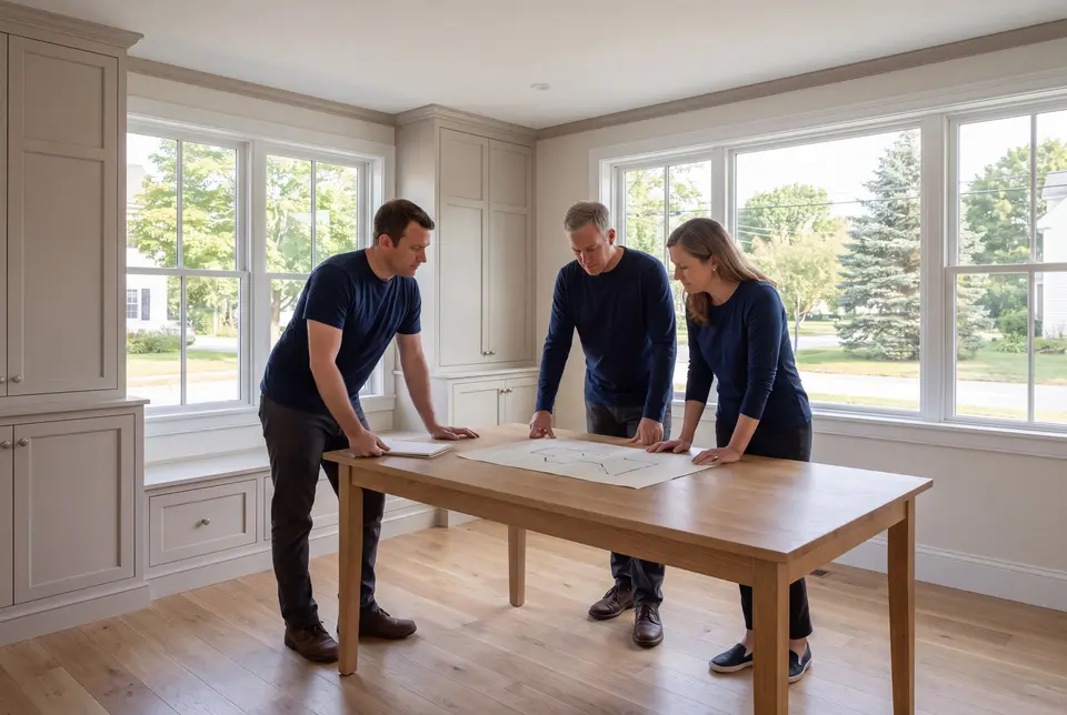 Illustration: Three people in navy shirts and dark pants stand around an oak table with a blueprint in a room with mushroom-colored cabinets and large windows
