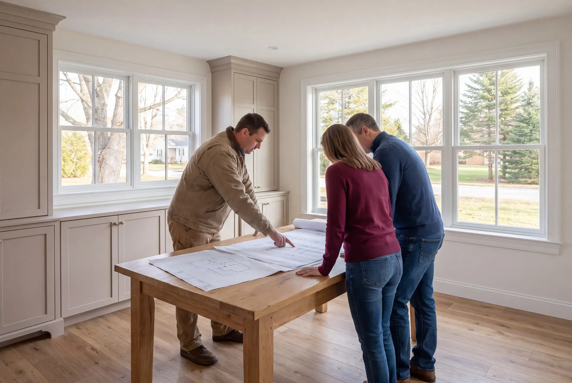 Illustration: Three people, a builder and two homeowners, reviewing architectural drawings on an oak table in a finished living room with mushroom cabinetry and oak floors