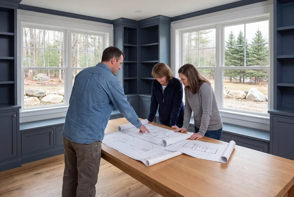 Illustration: Three people, a man and two women, reviewing architectural drawings on a wooden table in a living room with blue cabinets and oak floors