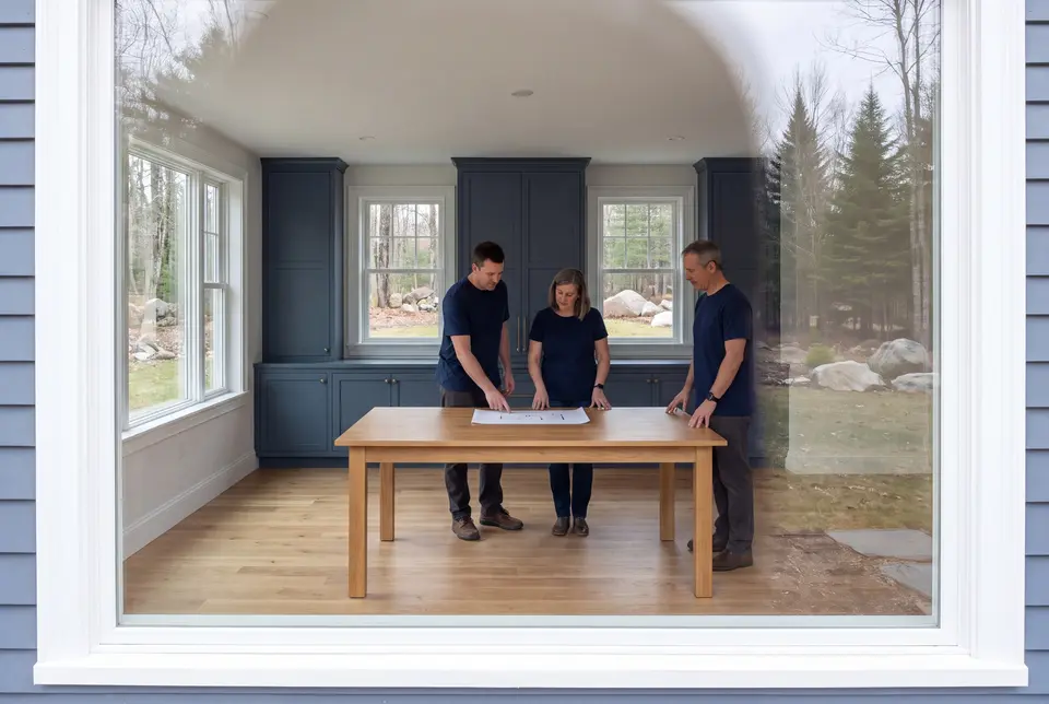 Illustration: Three people in navy shirts and dark pants stand around a wooden table in a room with blue cabinets and oak floors, looking at a blueprint
