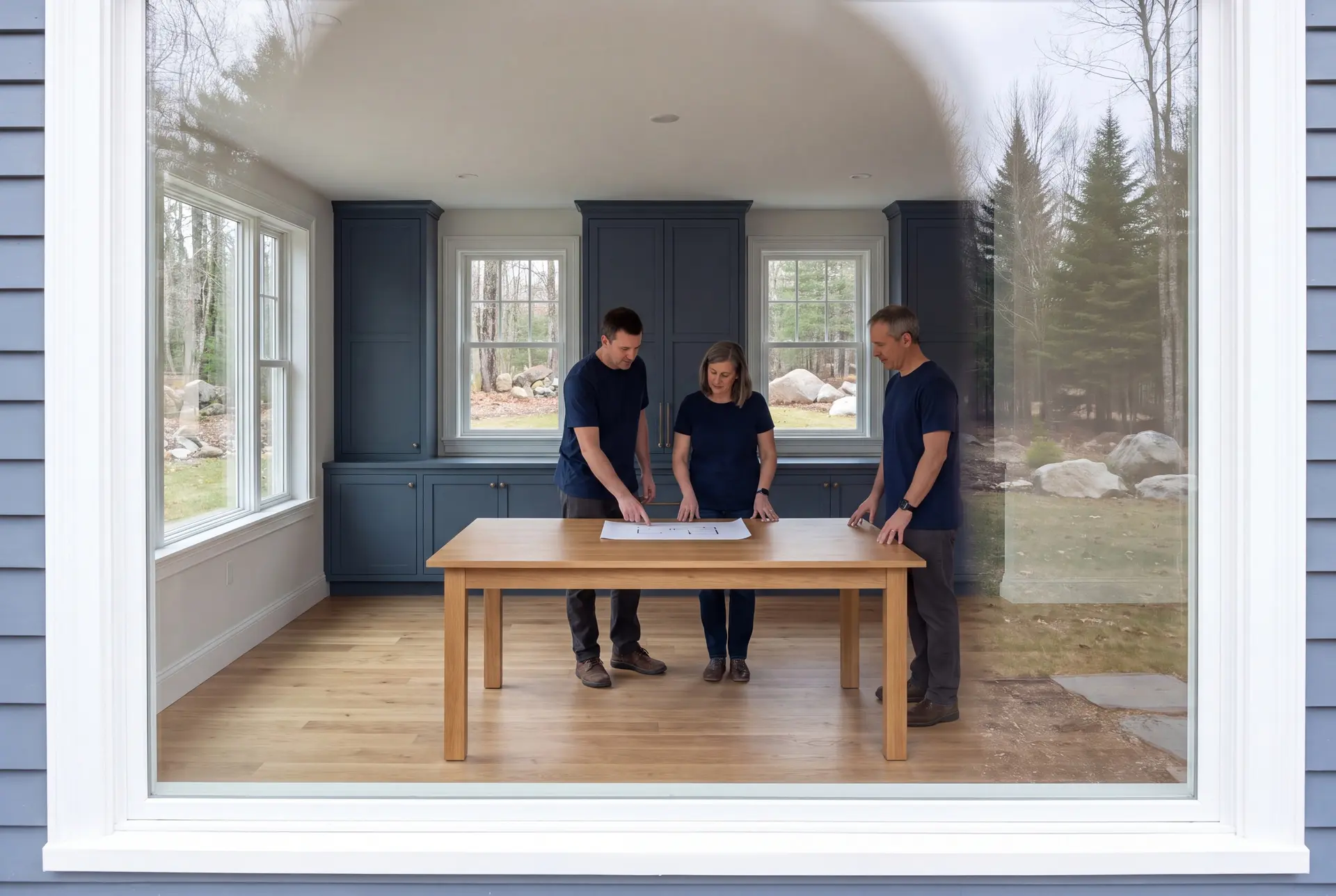 Illustration: Three people in navy shirts and dark pants stand around a wooden table in a room with blue cabinets and oak floors, looking at a blueprint