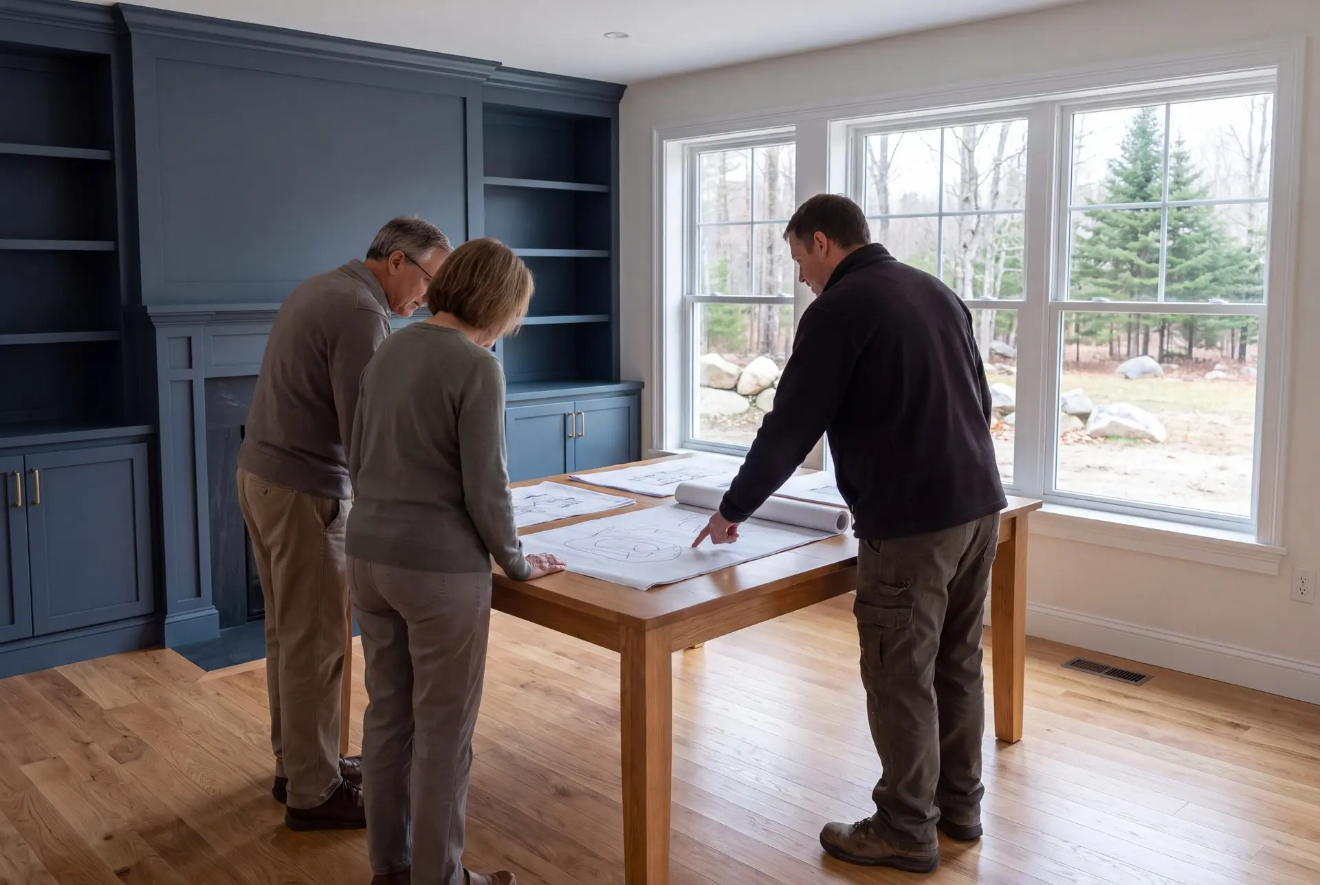 Illustration: Three people, a builder and two homeowners, review architectural drawings on a table in a newly finished living room with blue cabinets and oak floors