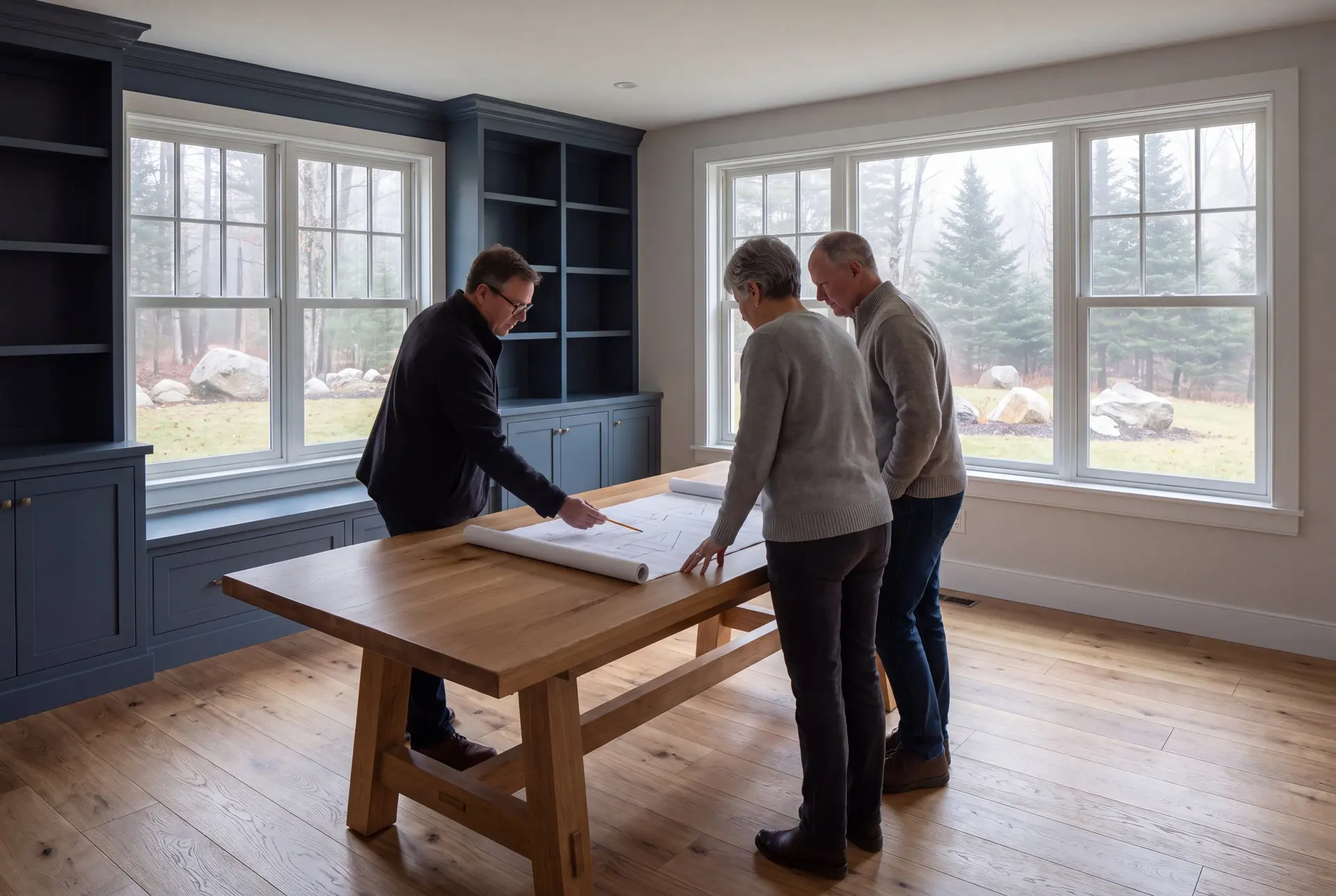 Illustration: Three people, a man and two women, stand around a wooden table in a living room, looking at architectural drawings. The room has blue built-in cabinets, oak floors, and large windows showing a misty outdoor landscape