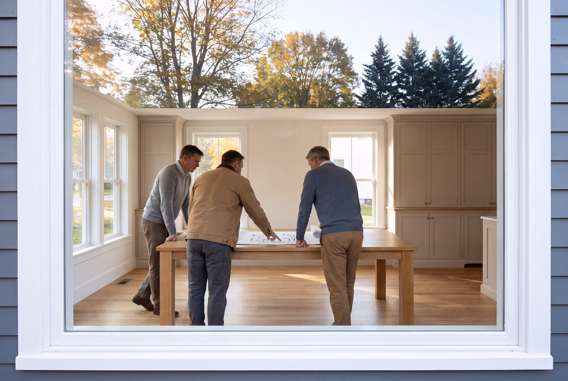 house plans and design in Lyman, ME: illustrative scene, Three men in a finished living room looking at blueprints on a table, seen through a window