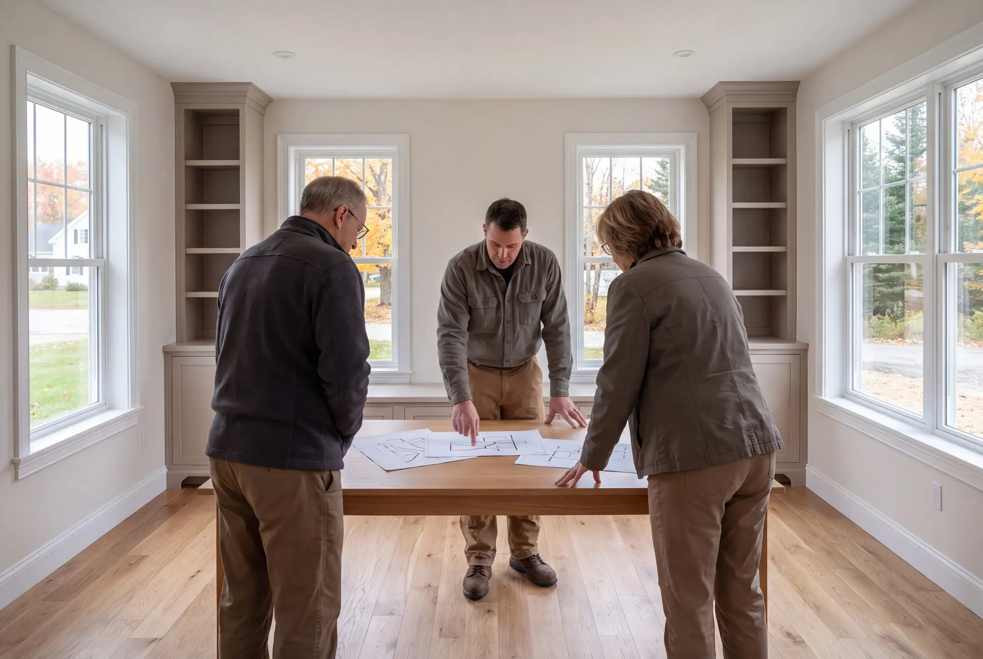 Illustration: Three adults, a builder and two homeowners, review abstract floor plans on an oak table in a finished living room with oak floors and mushroom-colored cabinetry